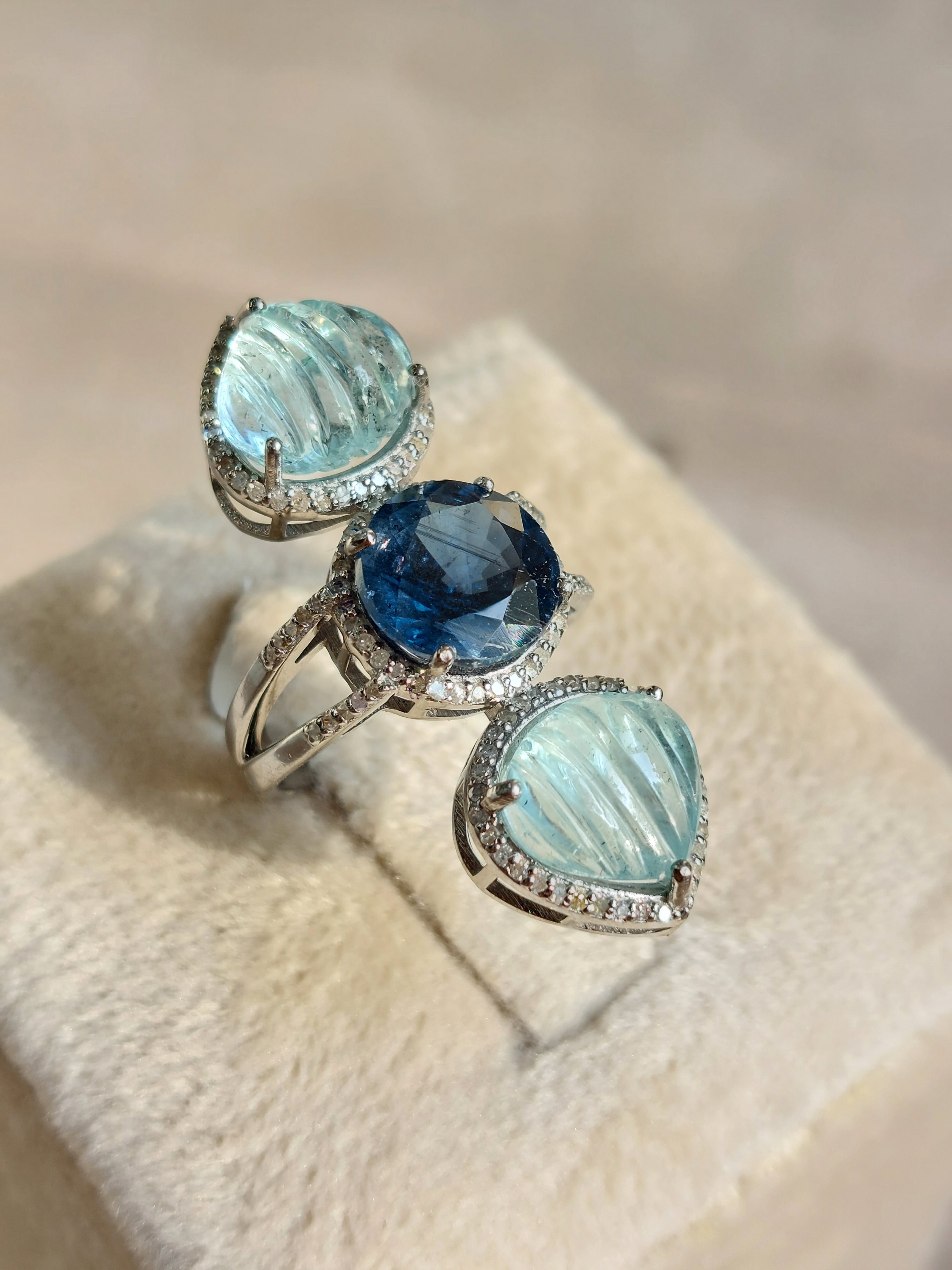 Aquamarine Kyanite Diamond Trio Ring