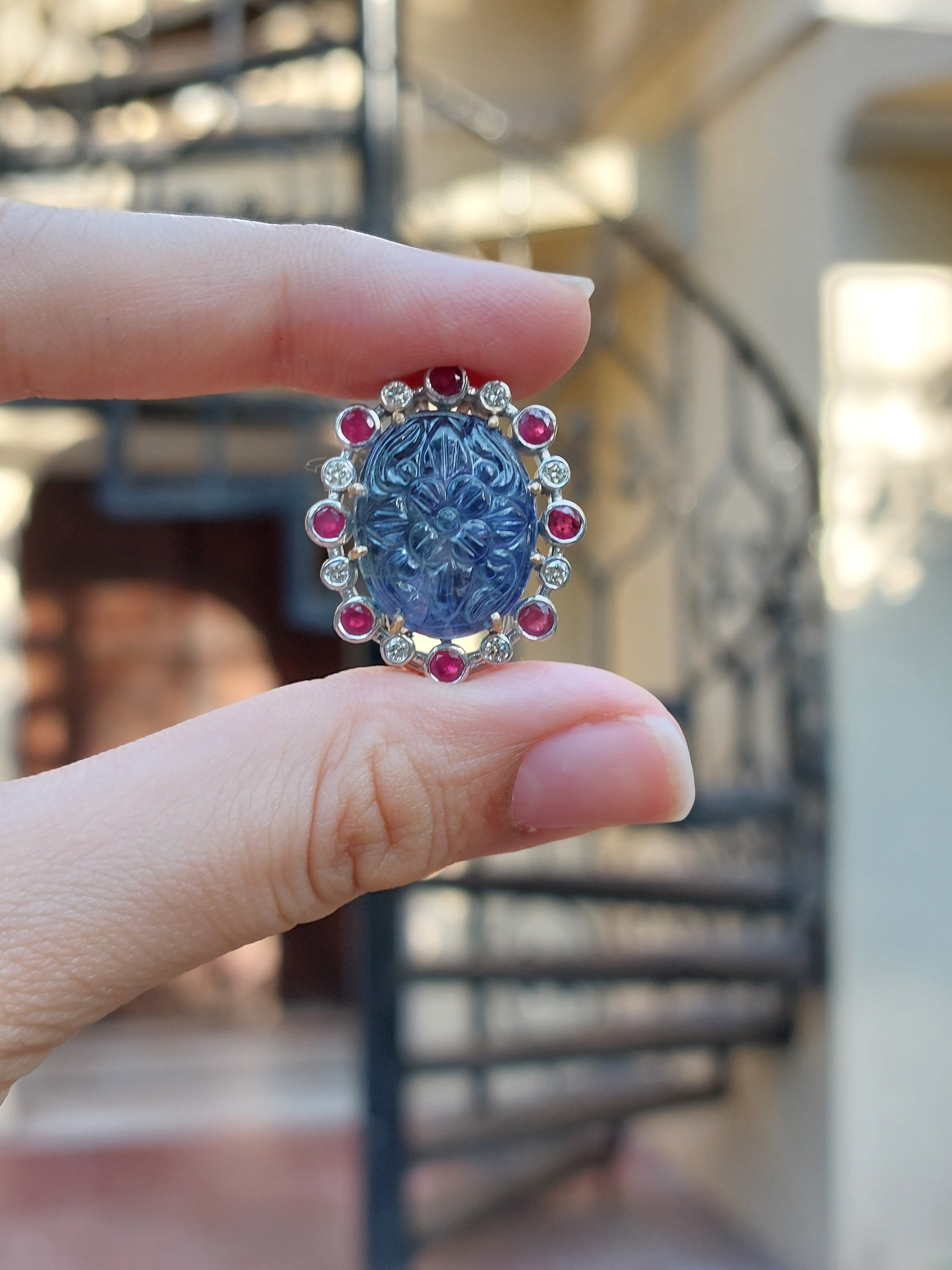 Carved Tanzanite & Ruby Diamond Earrings