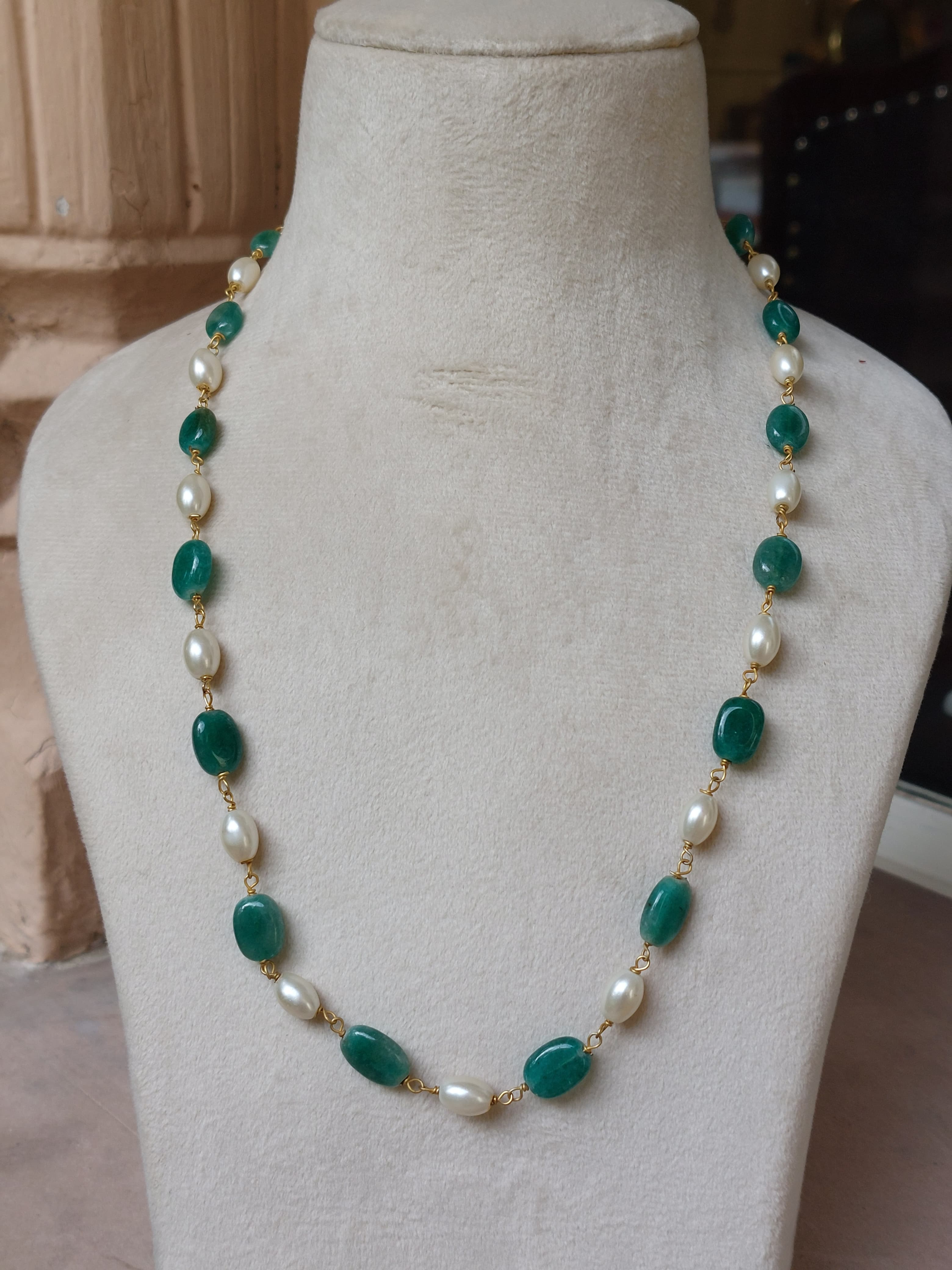 Green onyx cultured pearl mala