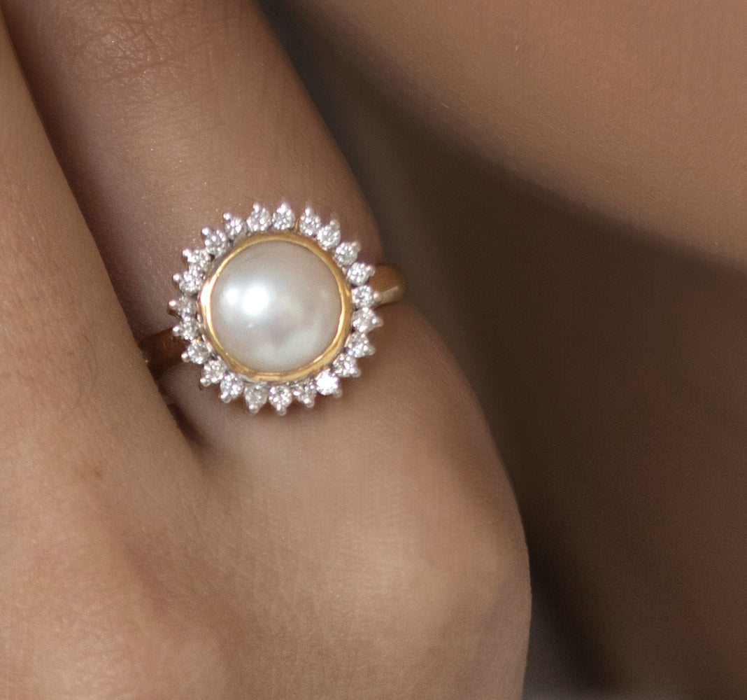 14K gold pearl ring marquise-cut diamond accents