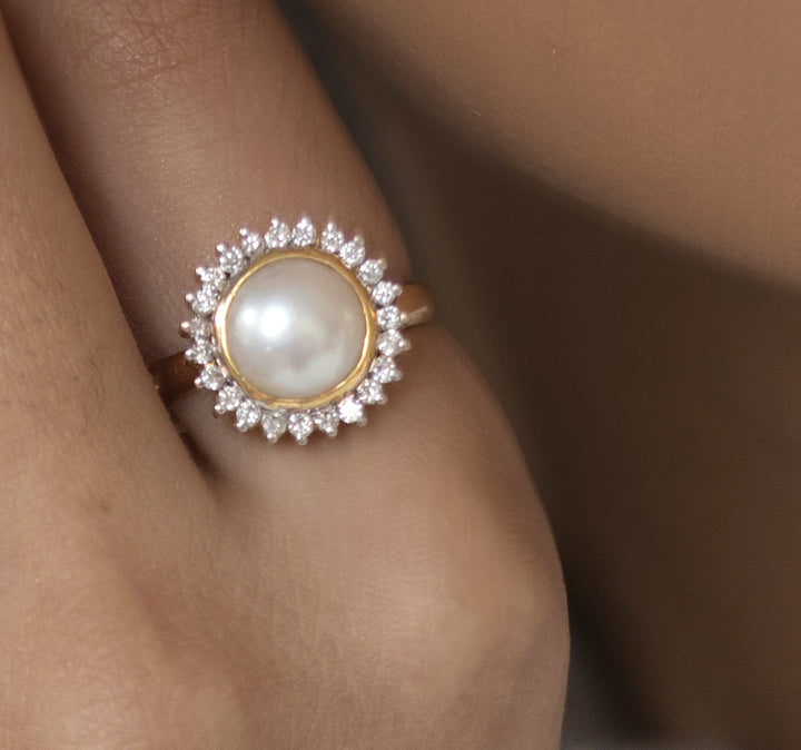 14K gold pearl ring marquise-cut diamond accents