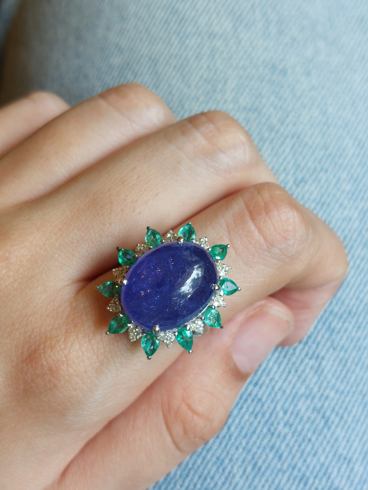 925 silver tanzanite ring with teardrop emerald accents