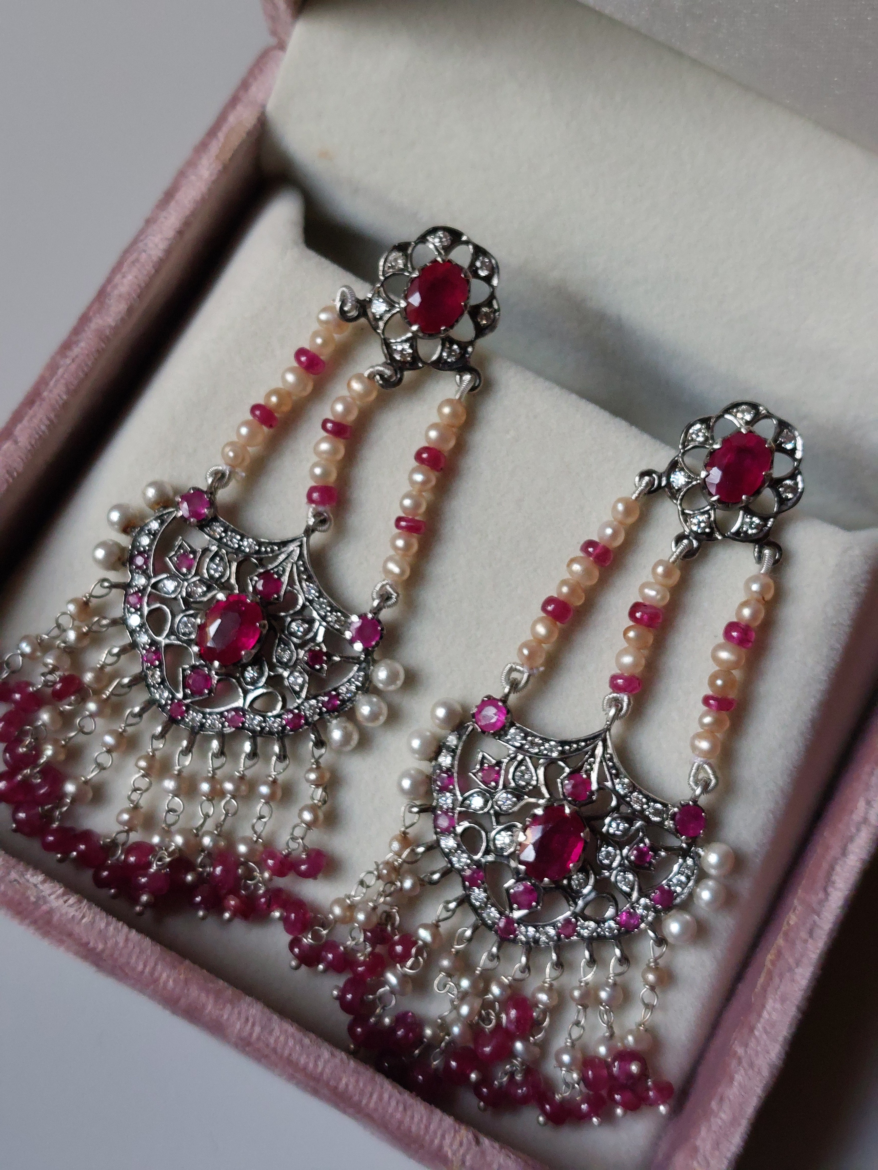 925 silver ruby chandelier earrings pearl and bead strands