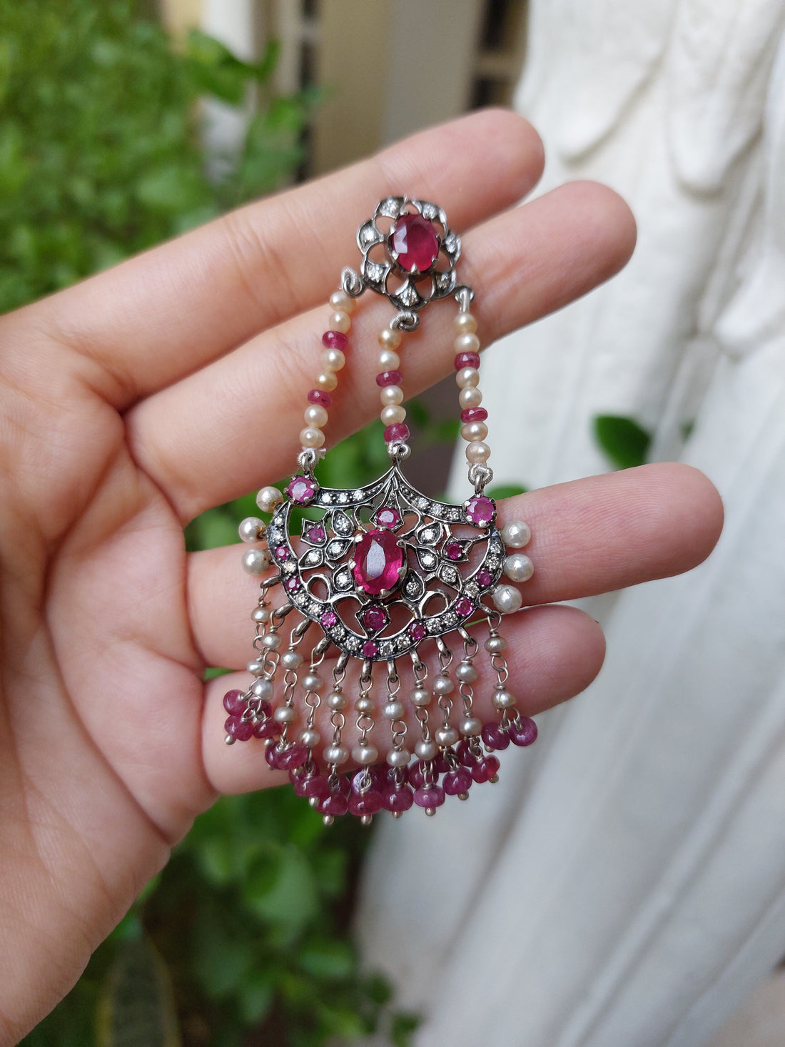 925 silver ruby chandelier earrings pearl accents