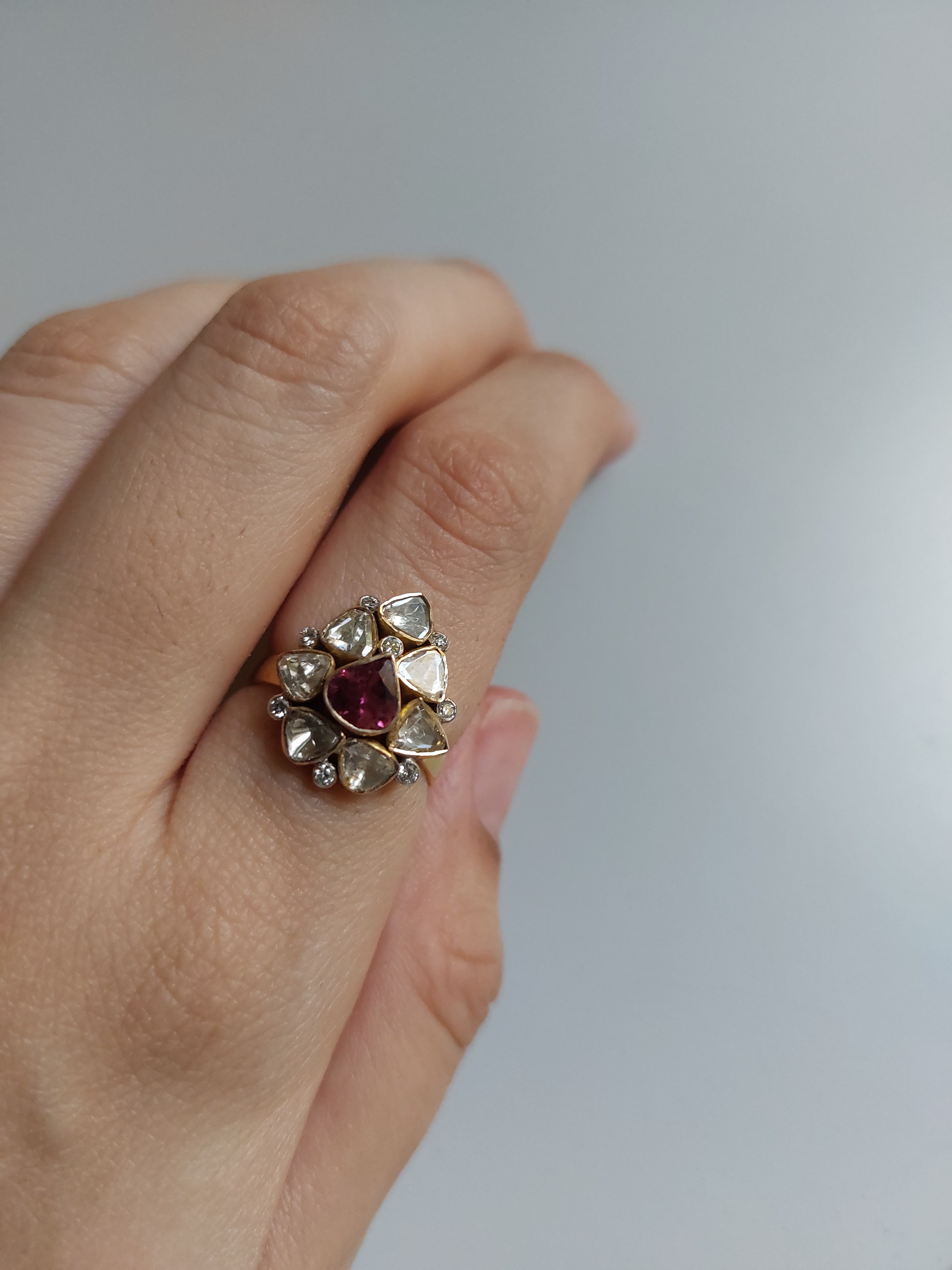 14K gold Mahira Ring rubellite tourmaline diamond polki teardrop