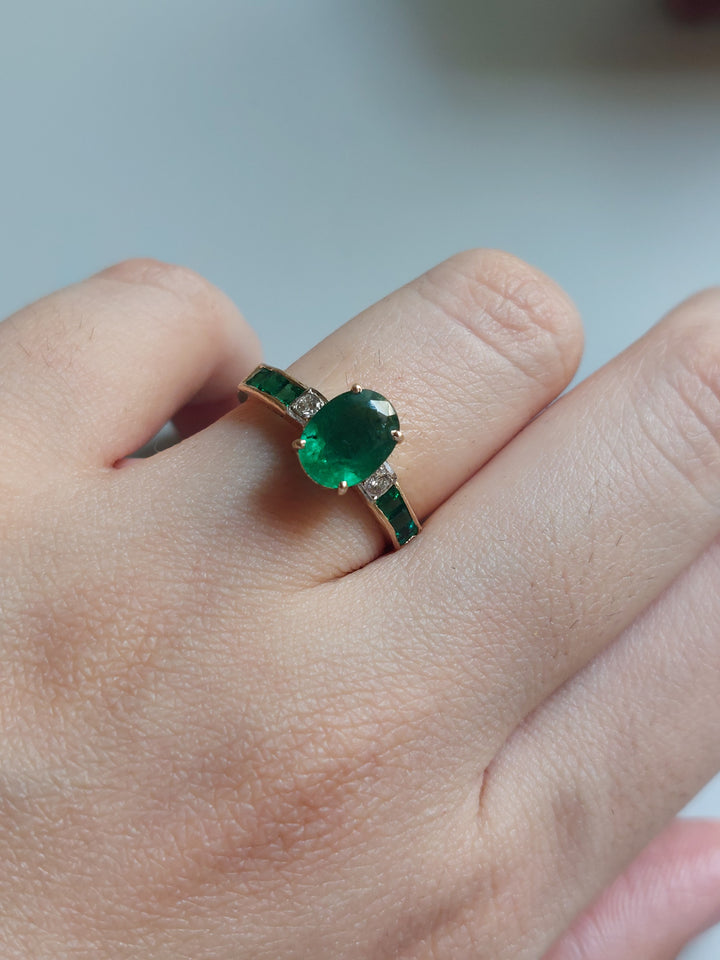 14K gold Zeenat Ring with oval emerald and detailing