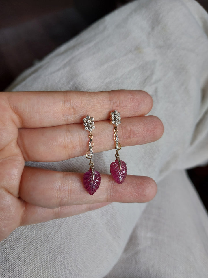 14K gold drop earrings diamond cluster with gemstone leaves