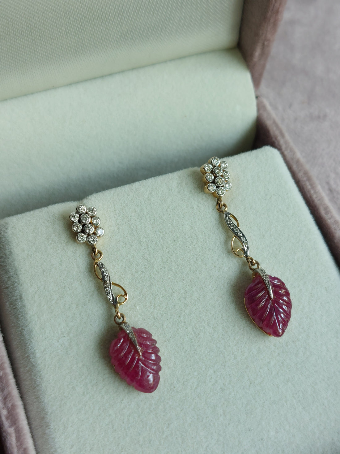 14K gold Heer Earrings ruby leaf design with diamonds