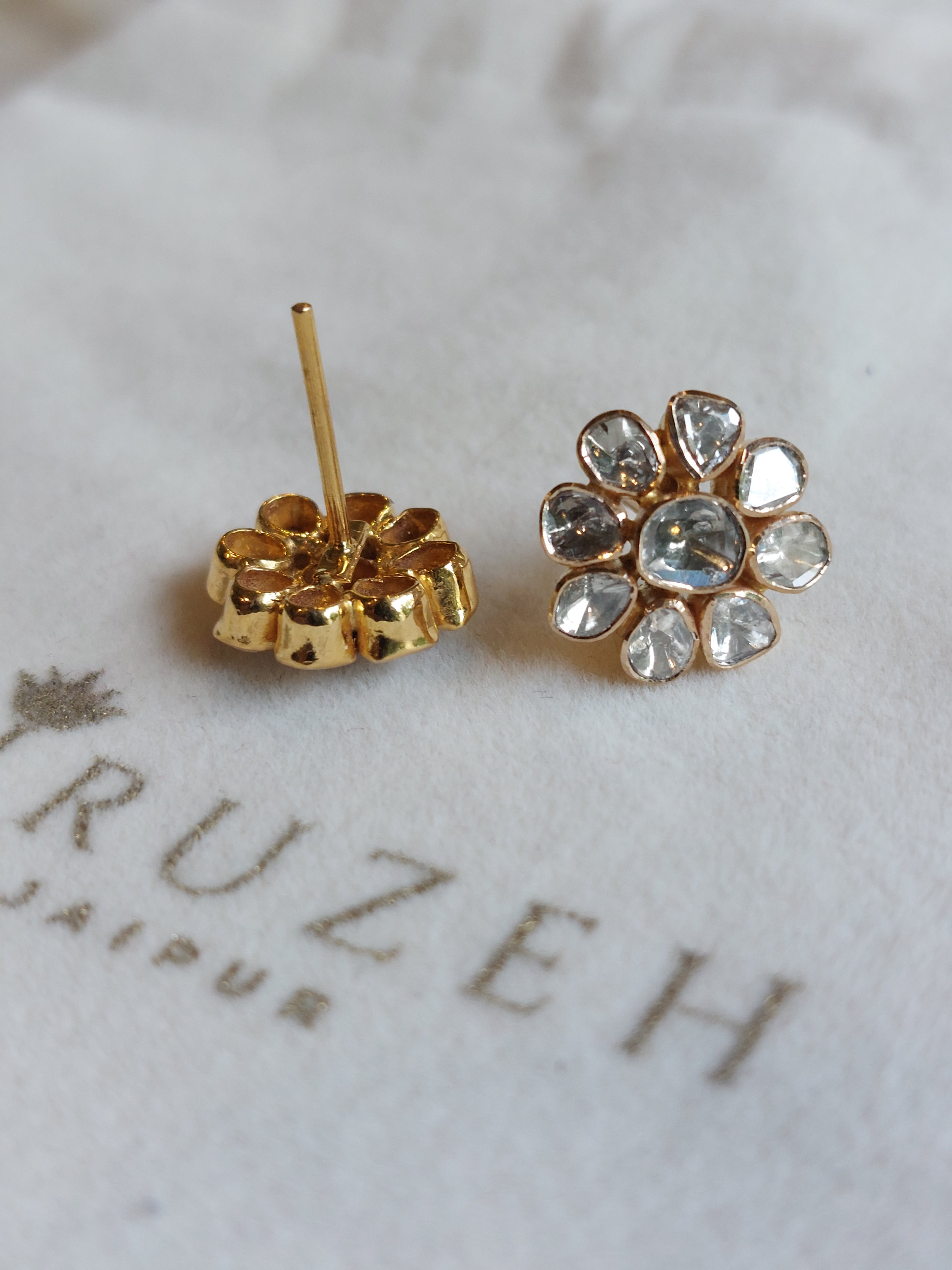 14K gold large diamond polki earrings with floral petal design