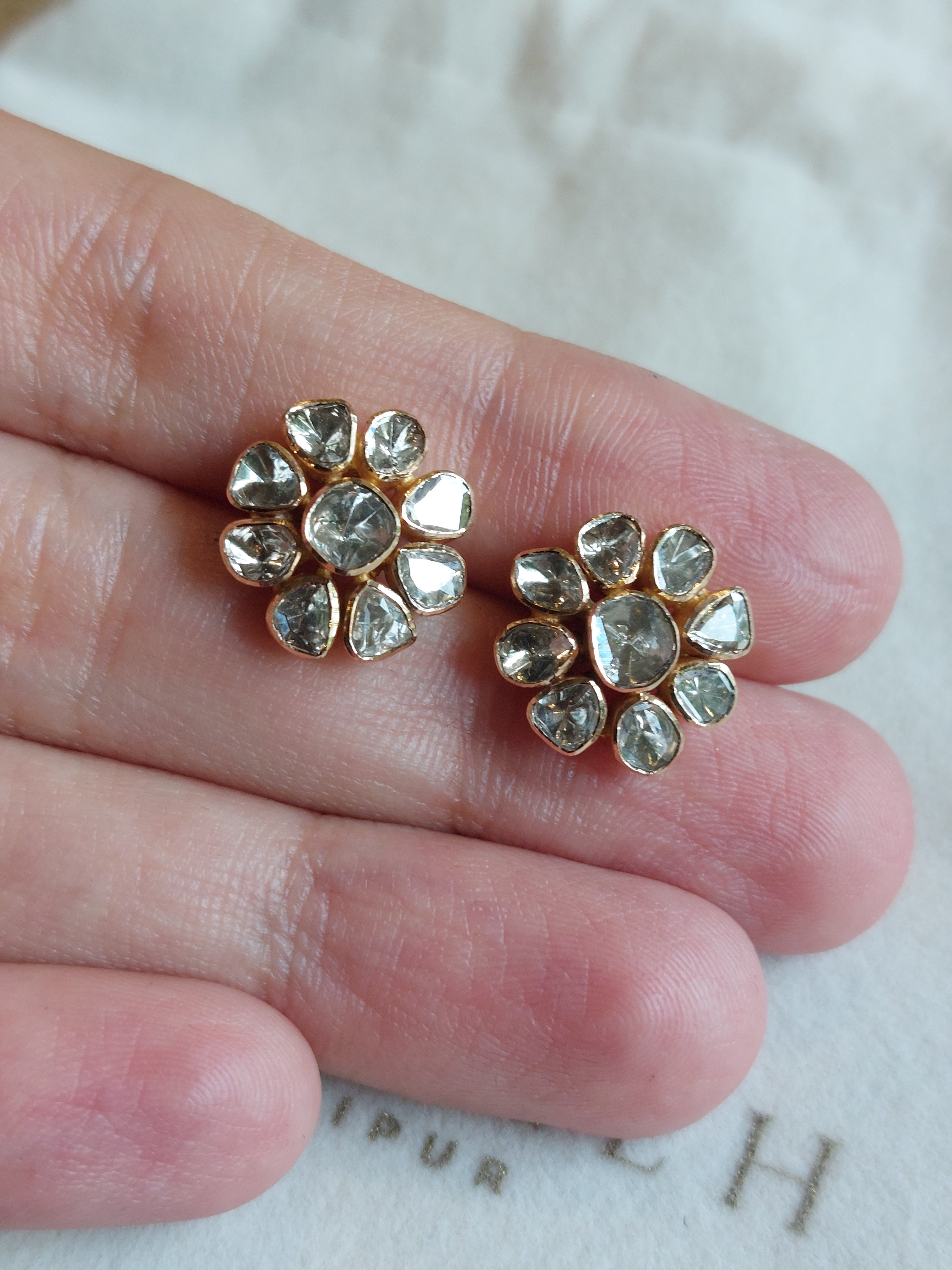 14K gold diamond polki floral earrings with clear polki stones