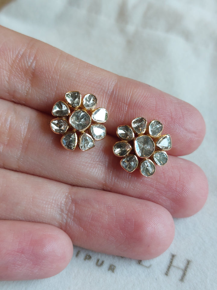 14K gold diamond polki floral earrings with clear polki stones