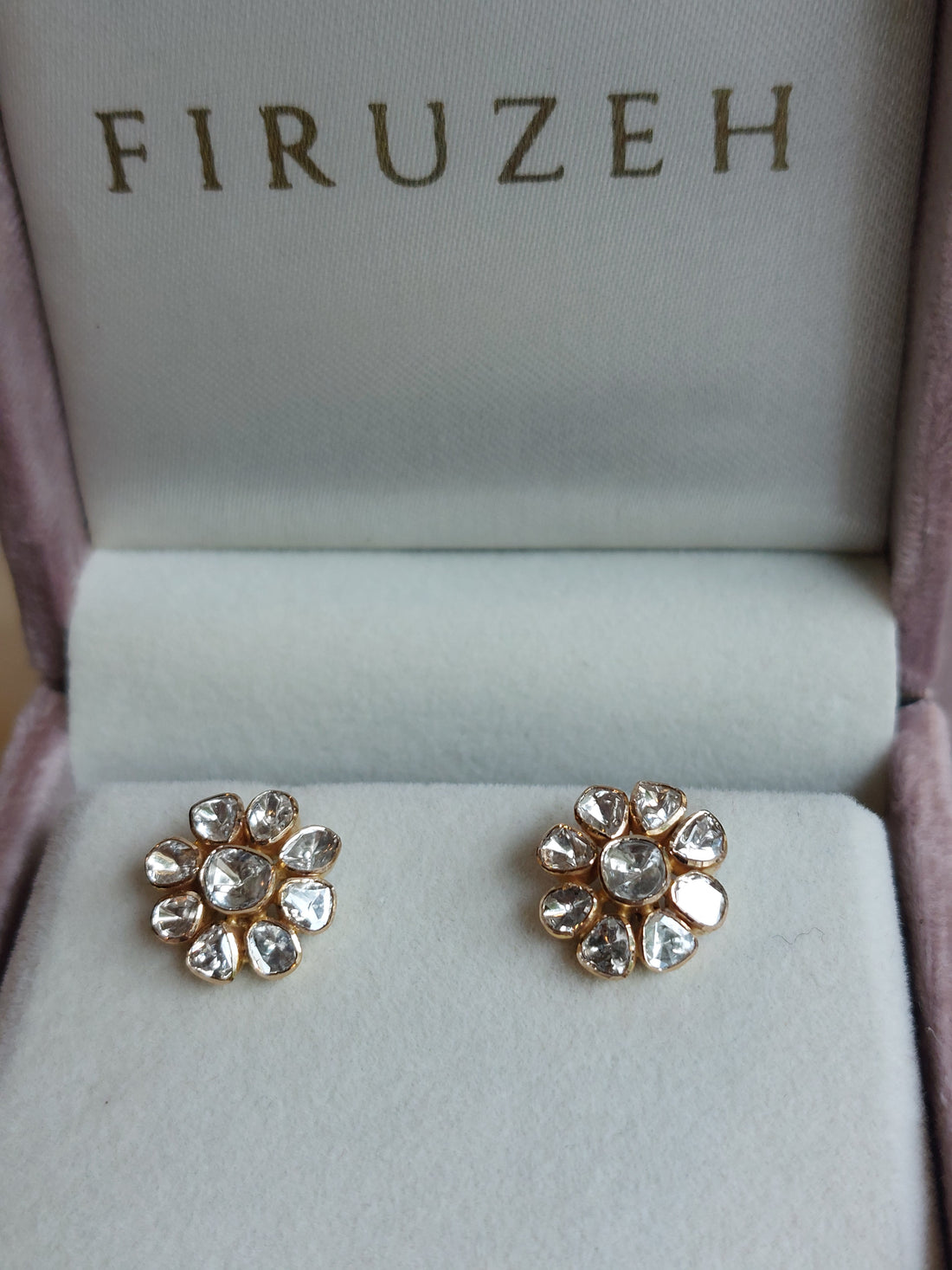 14K gold diamond polki floral earrings in jewelry box