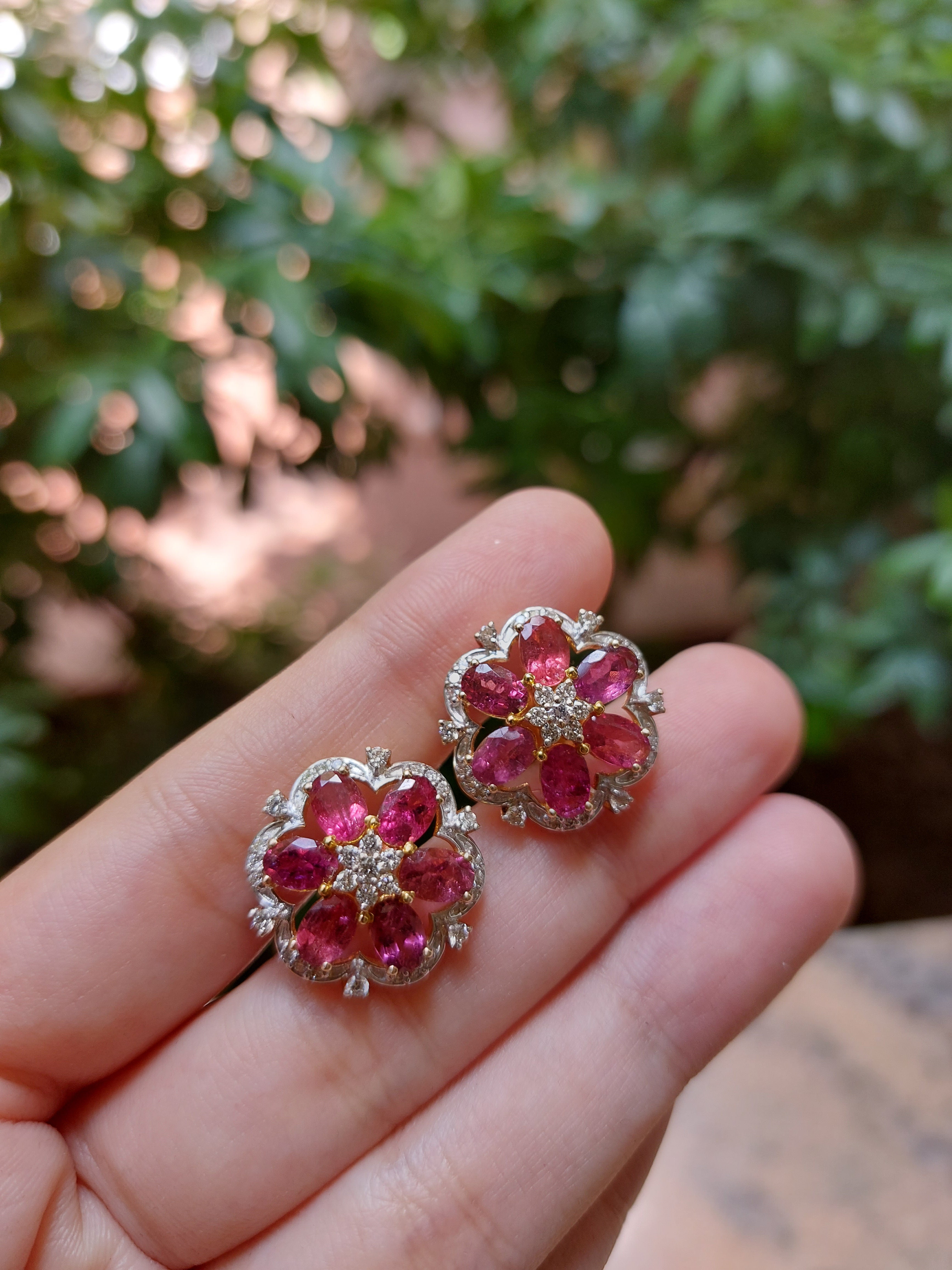 14K gold floral earrings pink ruby petals with diamonds