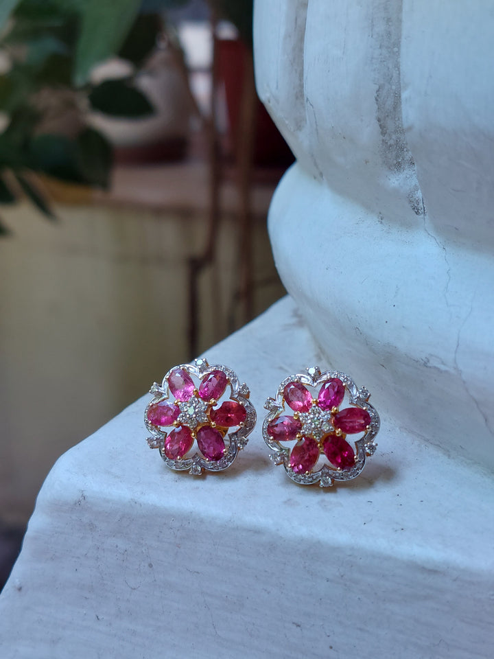 14K gold floral earrings ruby petals with clear gemstones