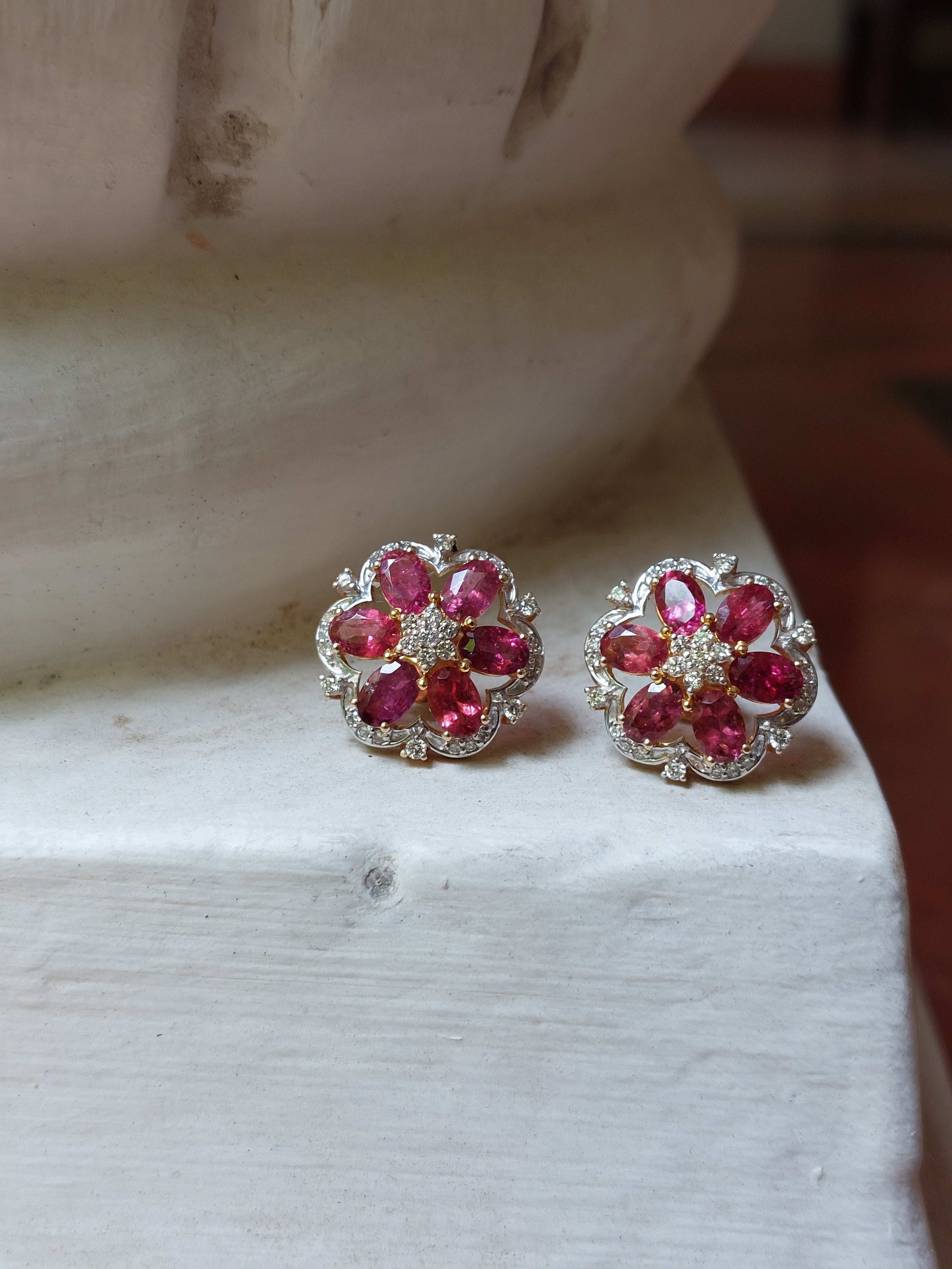 14K gold Ruby Floral Earrings with clustered ruby petals
