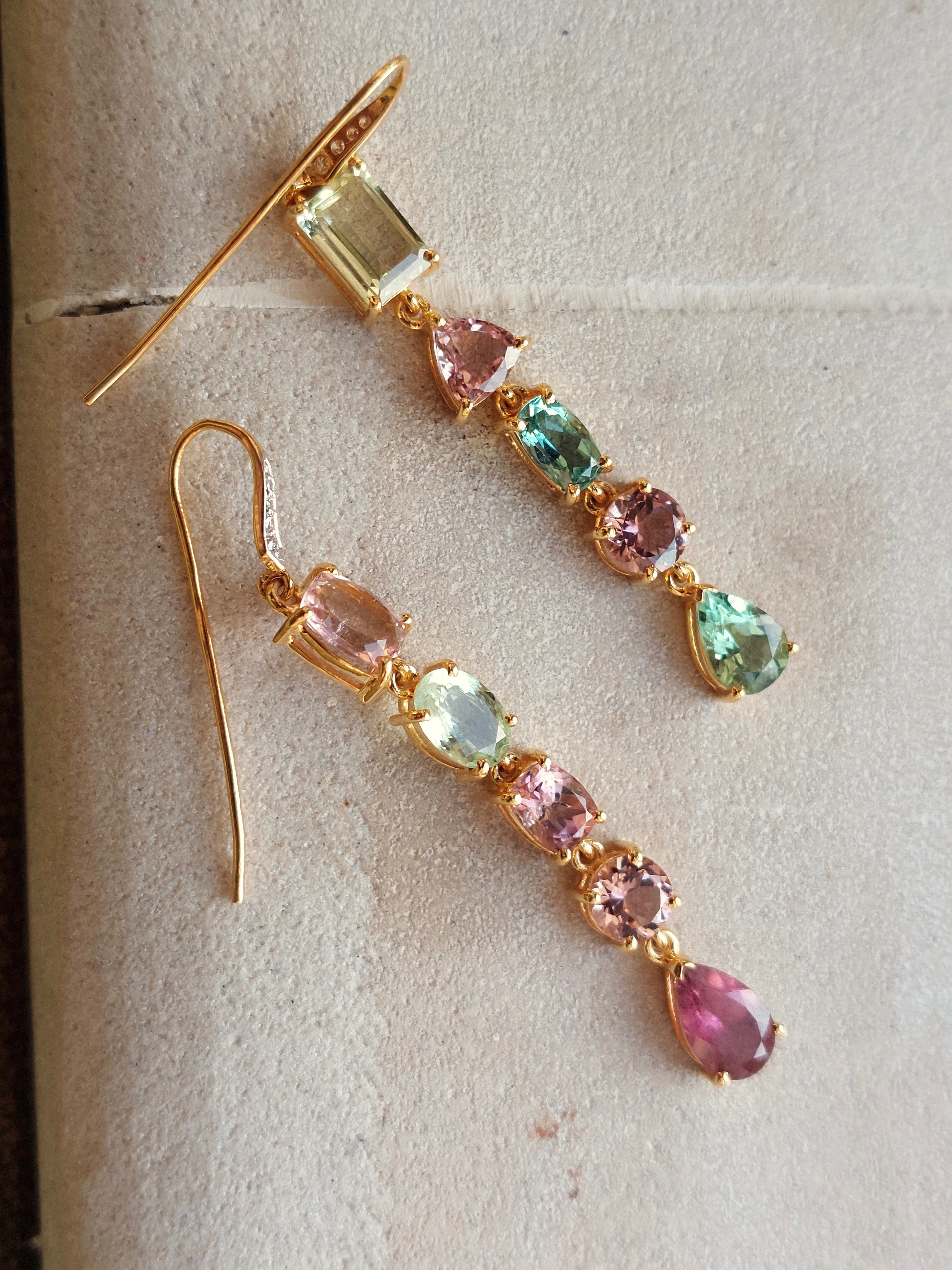 14K gold multicolored tourmaline earrings round and square cuts