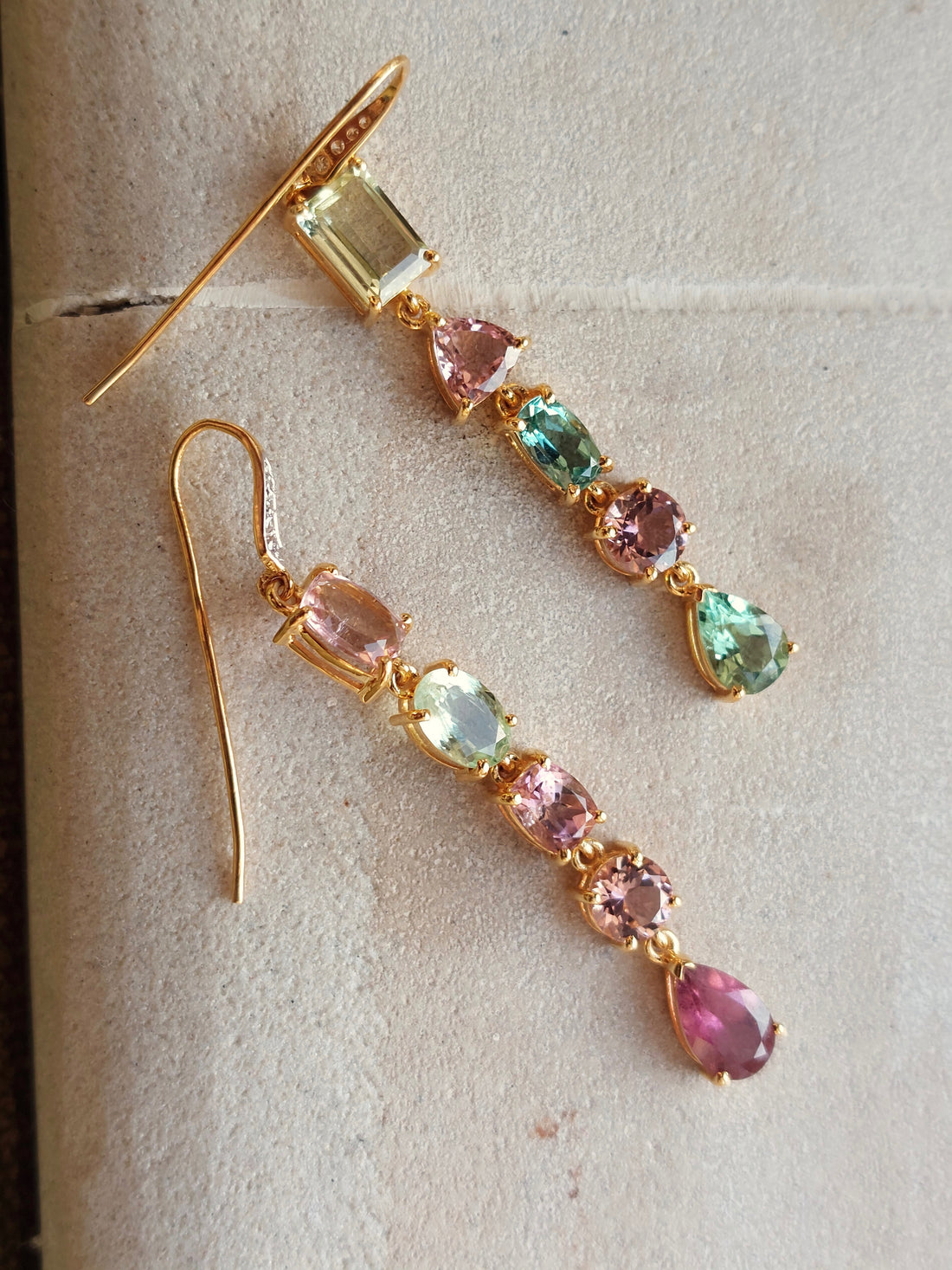 14K gold multicolored tourmaline earrings round and square cuts