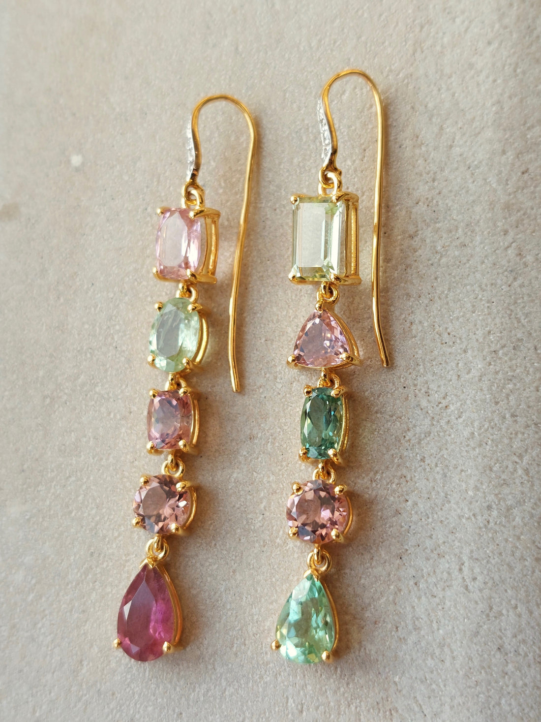 14K gold uneven tourmaline drop earrings pink green purple