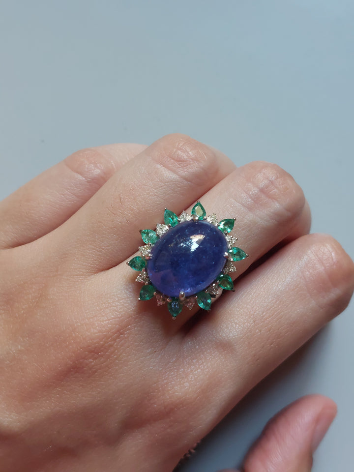 925 silver Rooh Ring with tanzanite and emerald gemstones