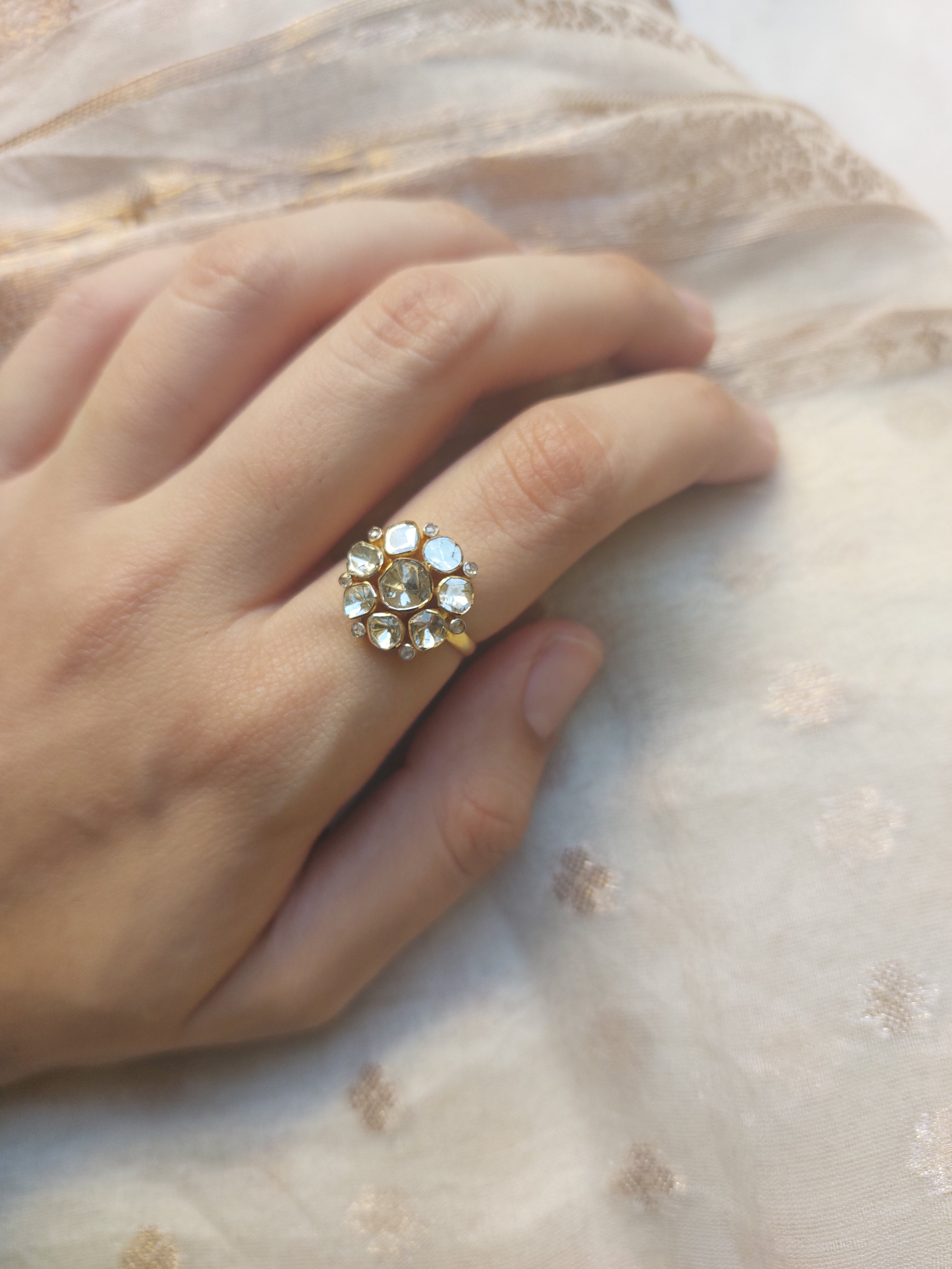 14K gold floral diamond polki ring, US size 6
