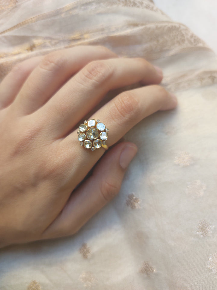 14K gold floral diamond polki ring, US size 6