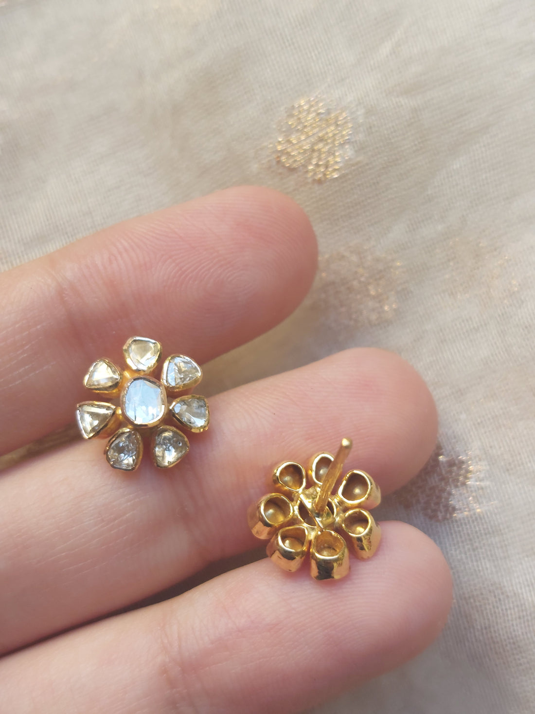 14K gold small floral diamond polki earrings petal detail