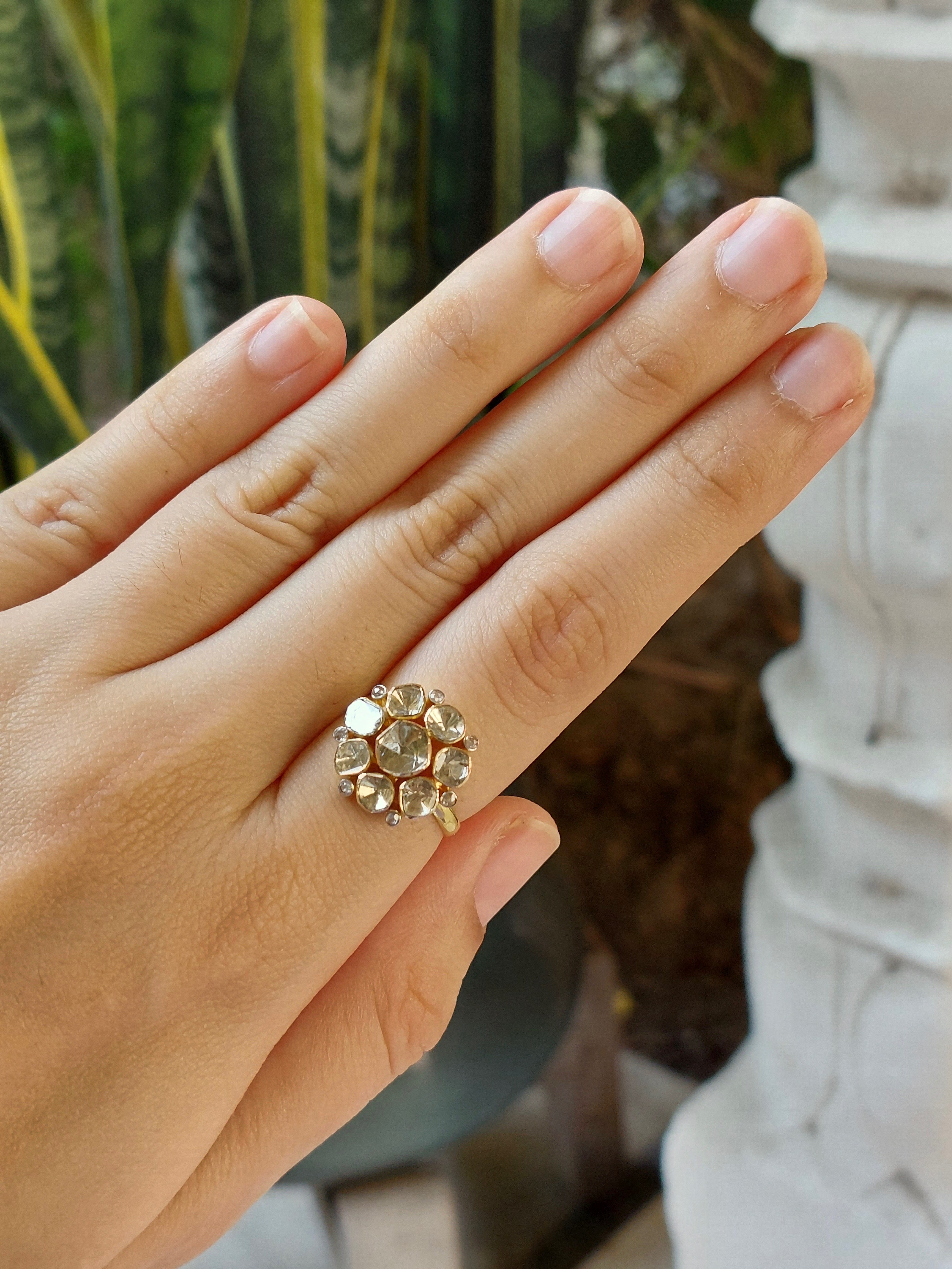 14K gold diamond polki ring central stone with smaller diamonds