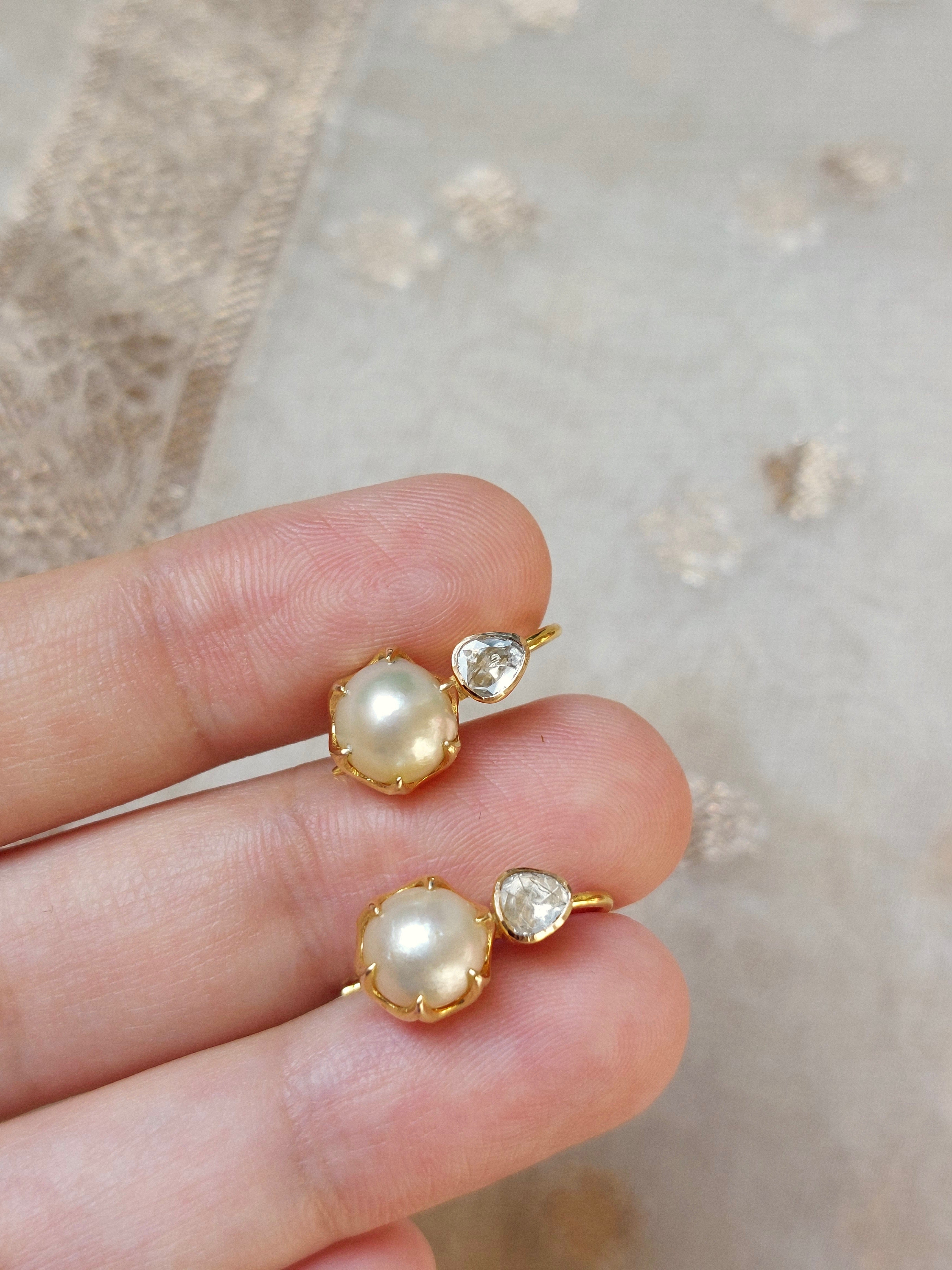 14K gold polki earrings with round pearls and crystal accents