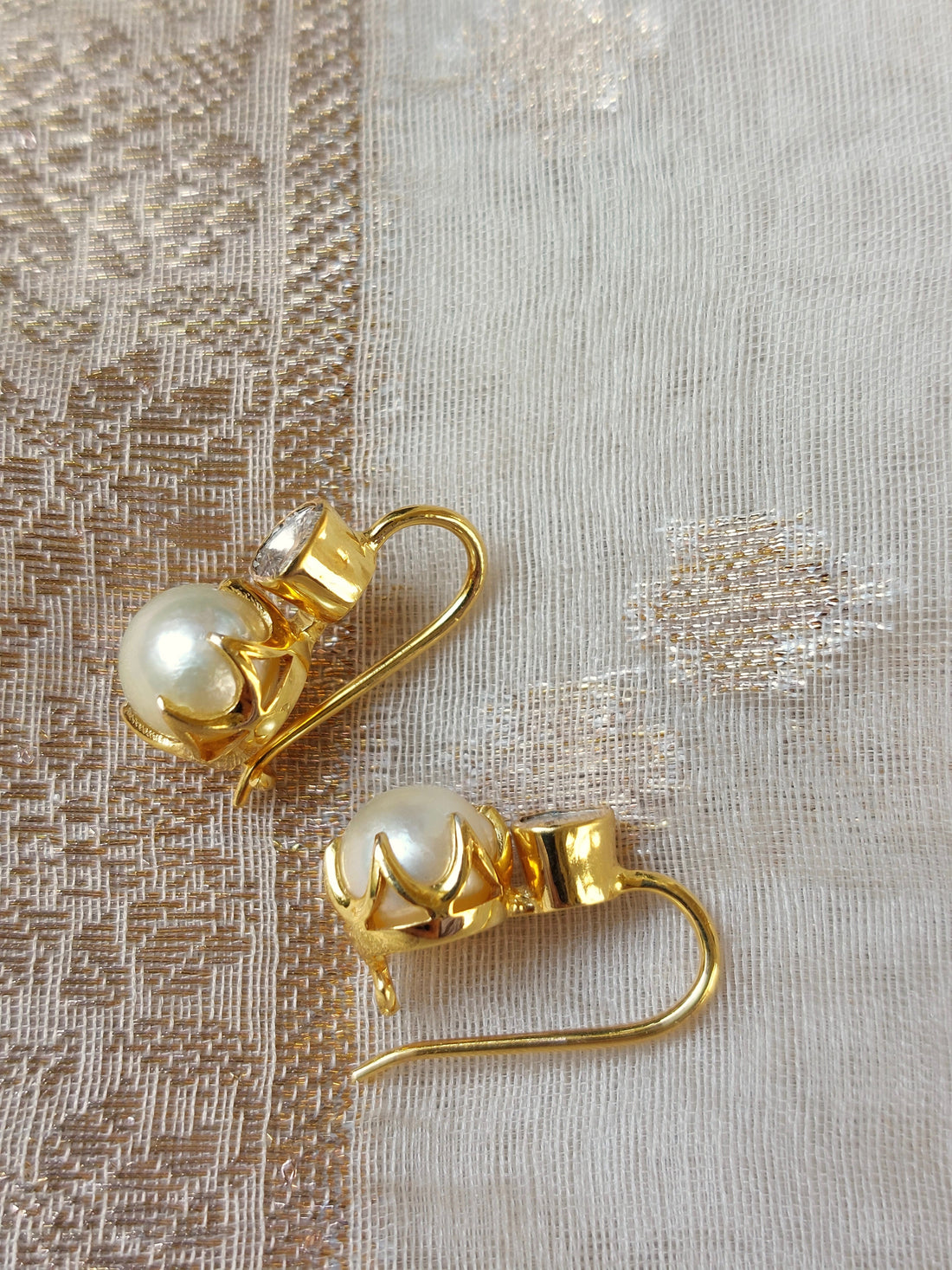 14K gold polki earrings with single large pearl drops