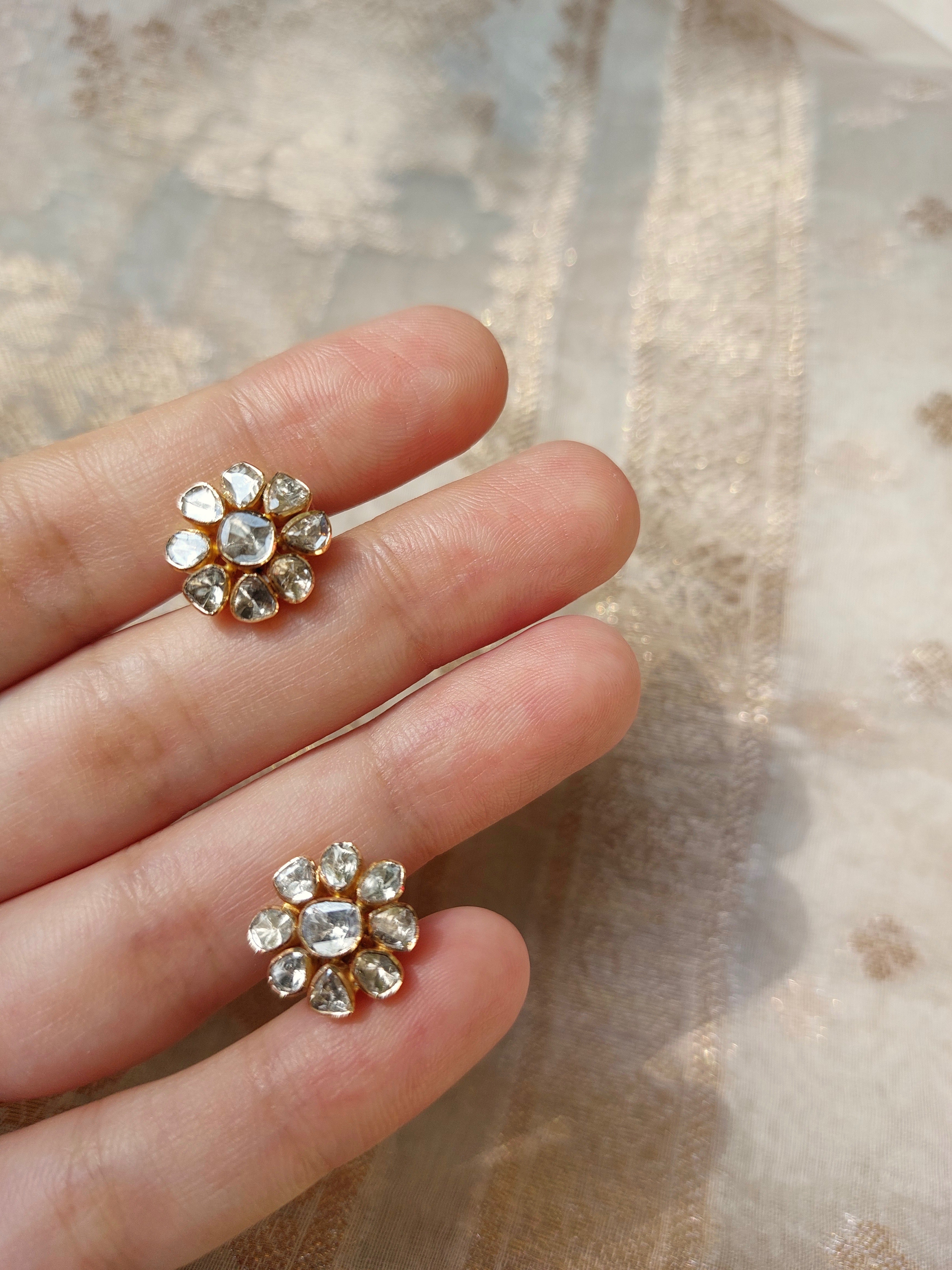 14K gold floral cluster earrings with diamond polki stones