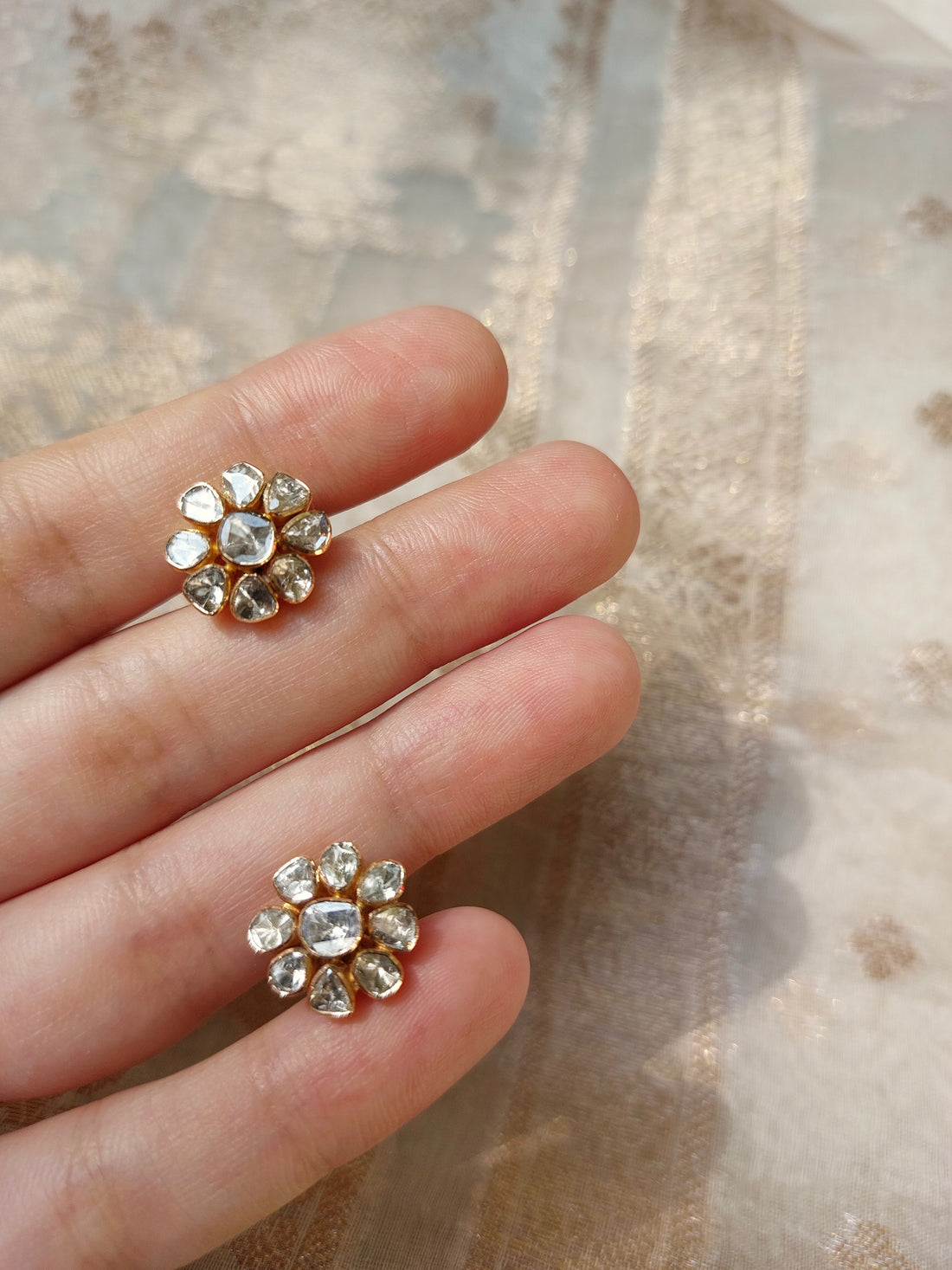 14K gold floral cluster earrings with diamond polki stones