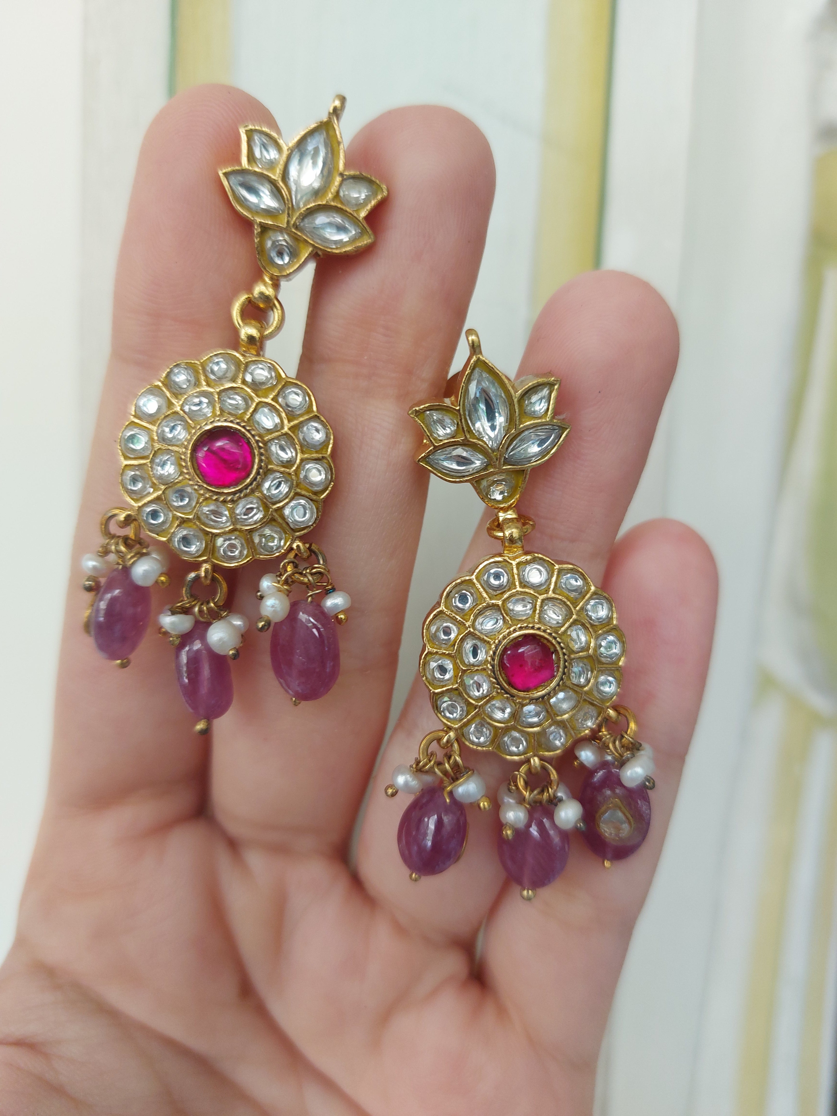 Polki earrings with semi precious drops (Red)