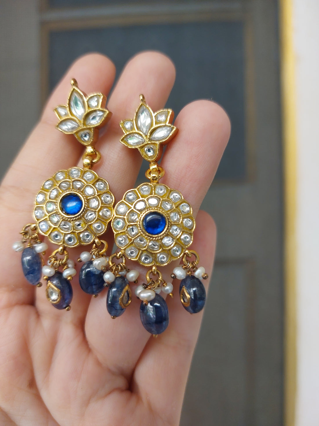 925 silver polki earrings with semi-precious blue drops