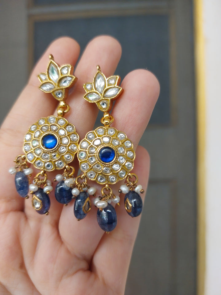925 silver polki earrings with semi-precious blue drops