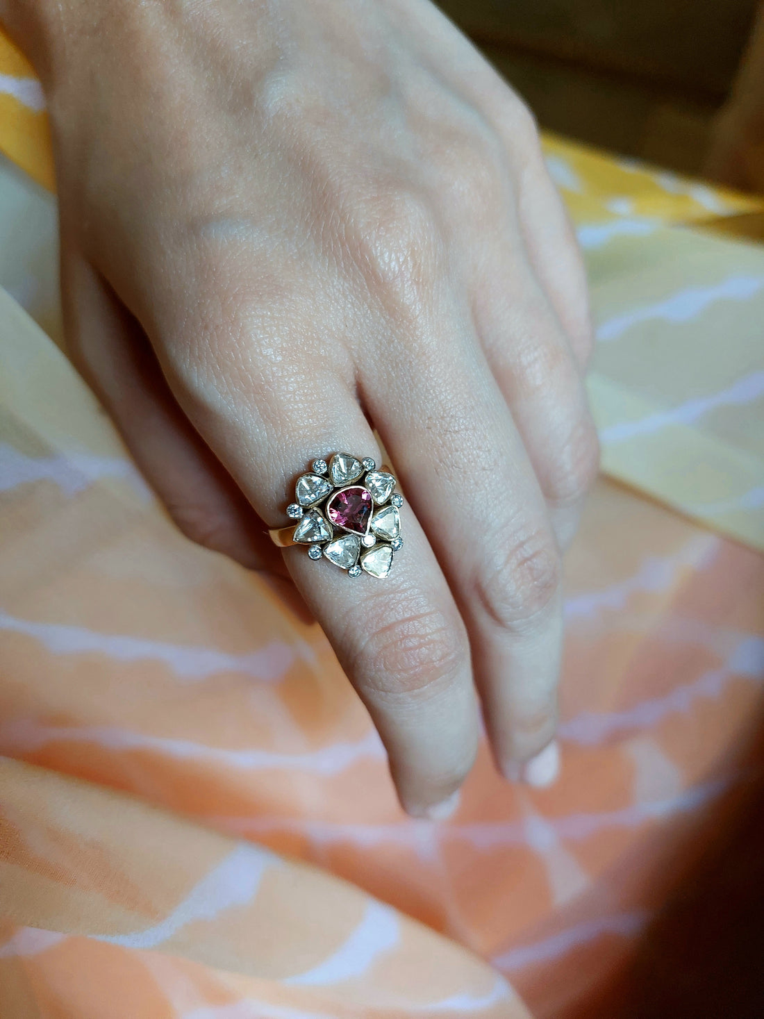 14K gold polki ring floral motif with red gemstone