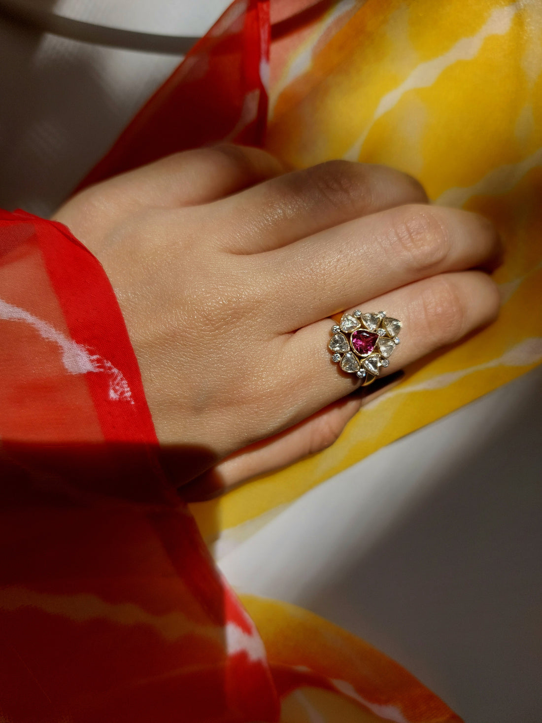 14K gold ring red gemstone with diamonds on hand