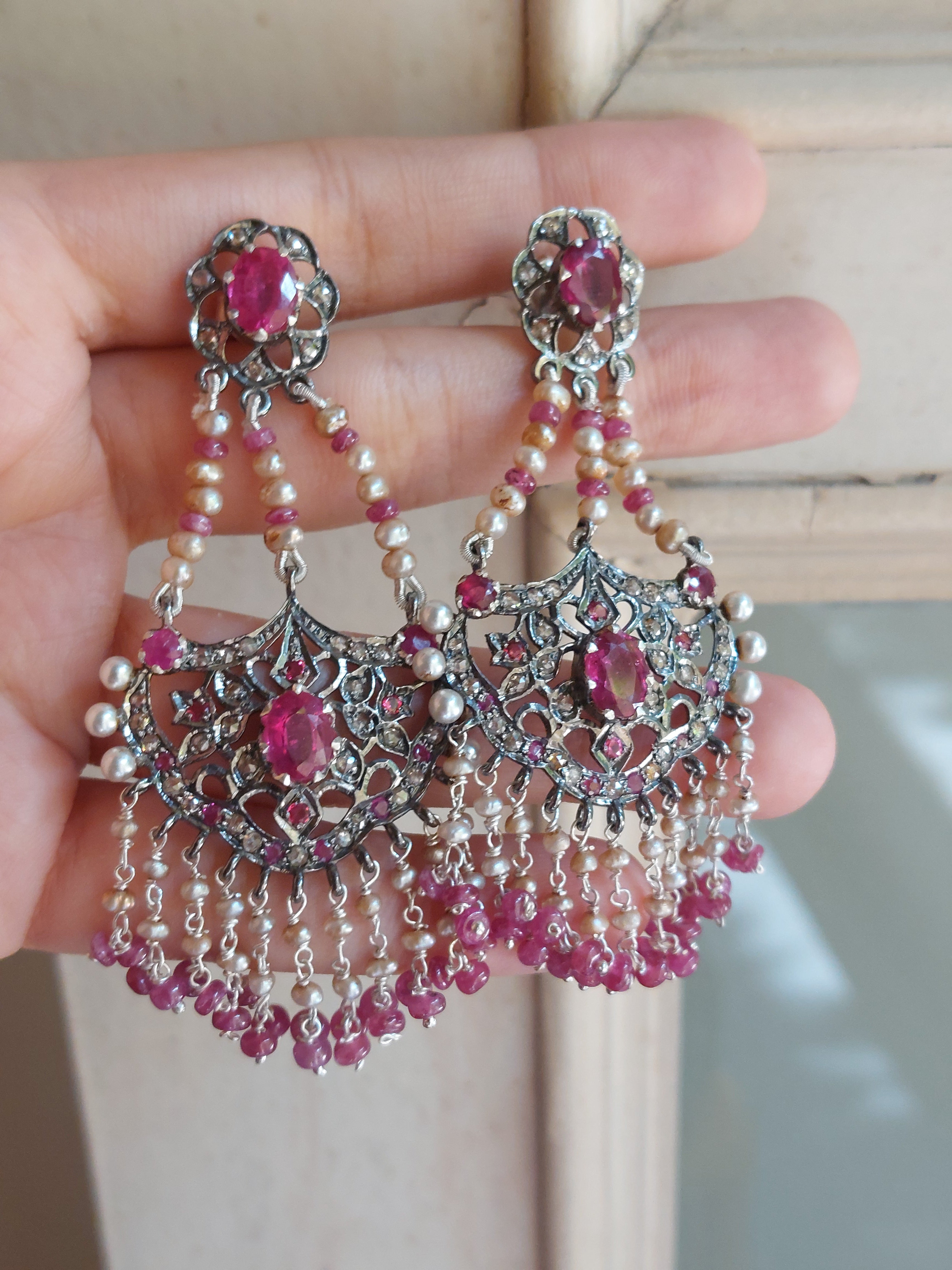 925 silver filigree ruby earrings dangling pearls