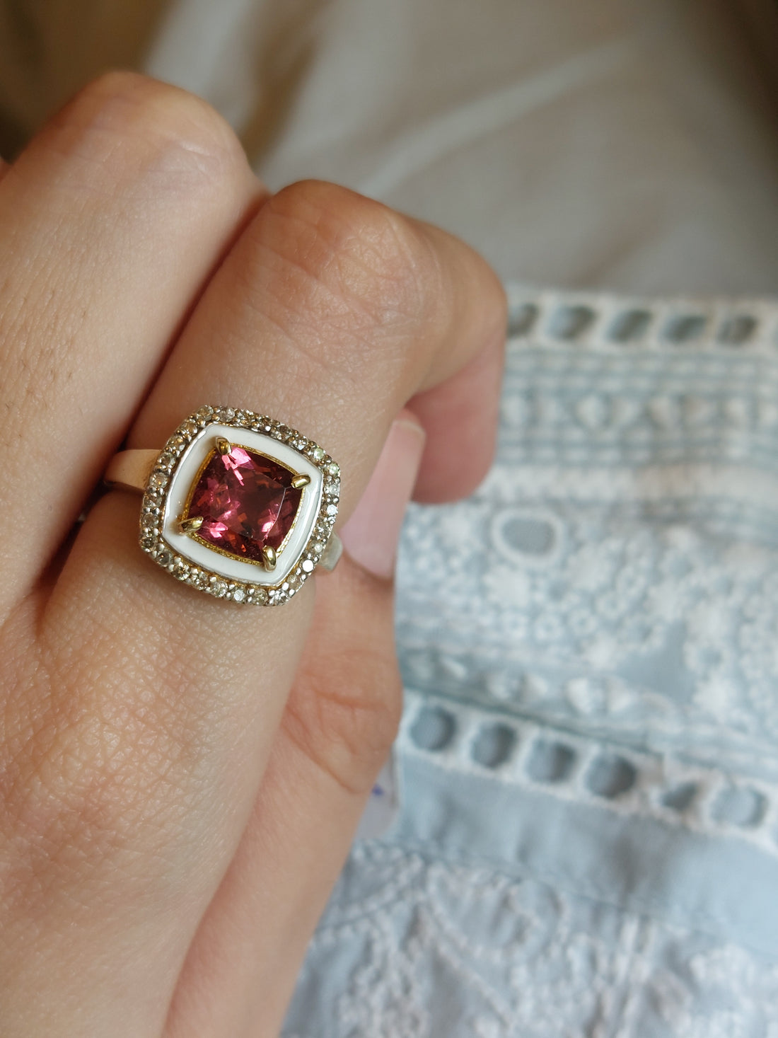 925 silver Aza Ring cushion cut tourmaline with diamond halo