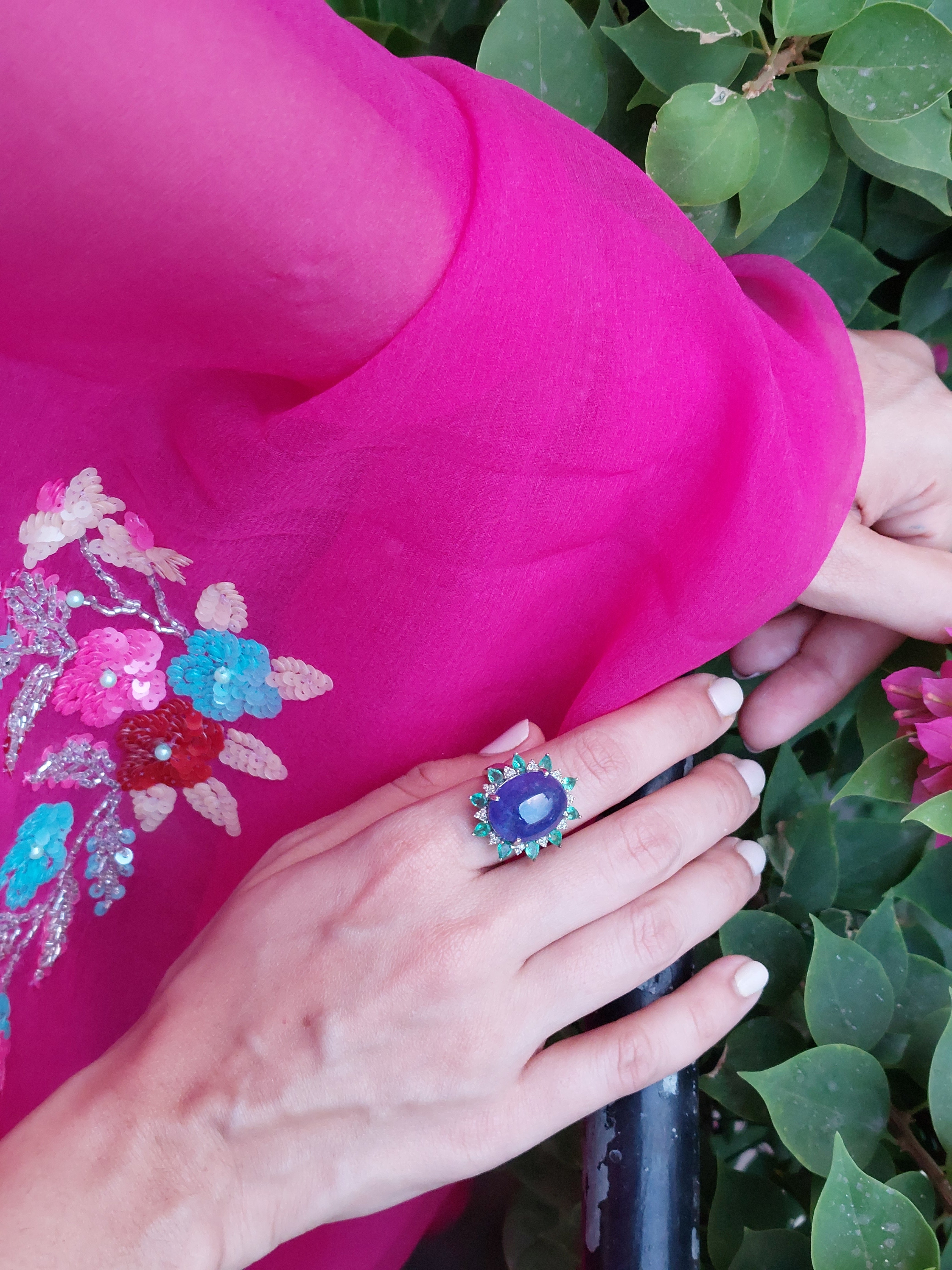 925 silver Rooh Ring worn with pink embroidered fabric