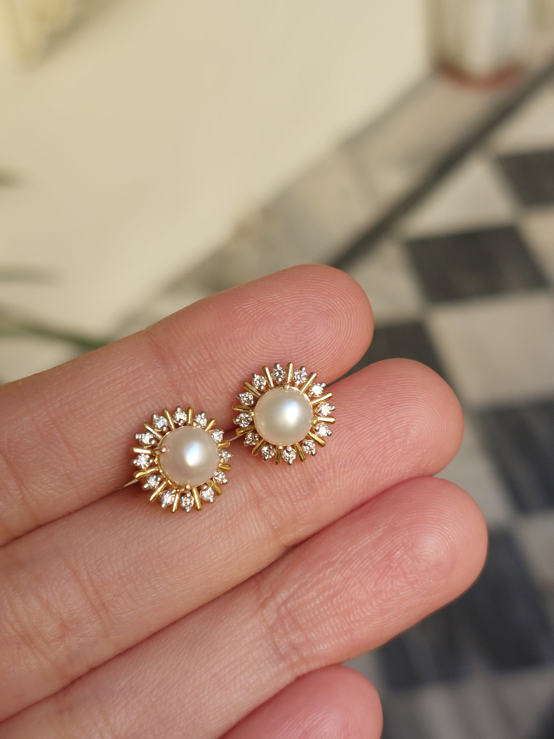 14K gold pearl stud earrings with crystal detailing