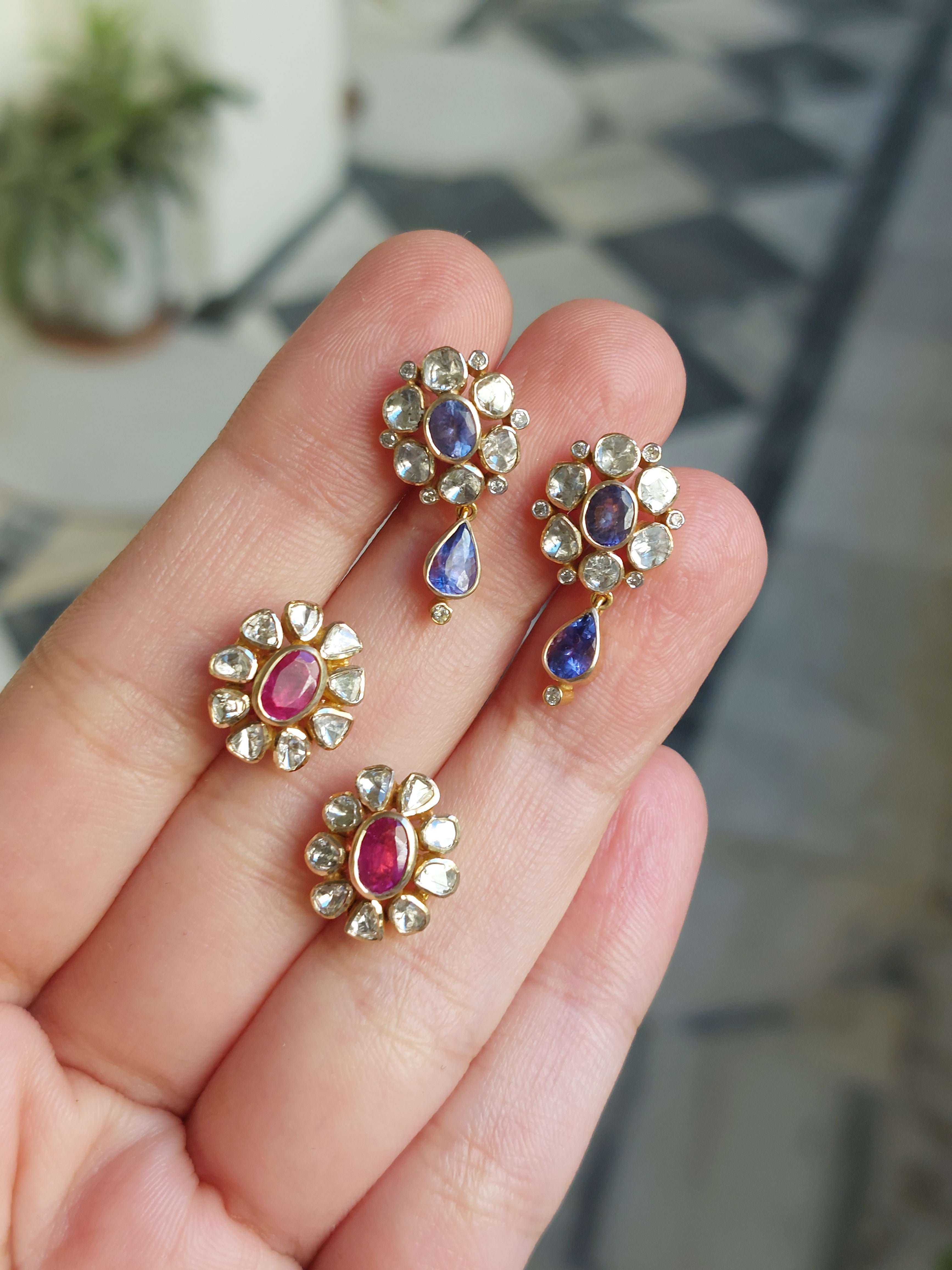 14K gold polki diamond earrings teardrop red and blue gemstones