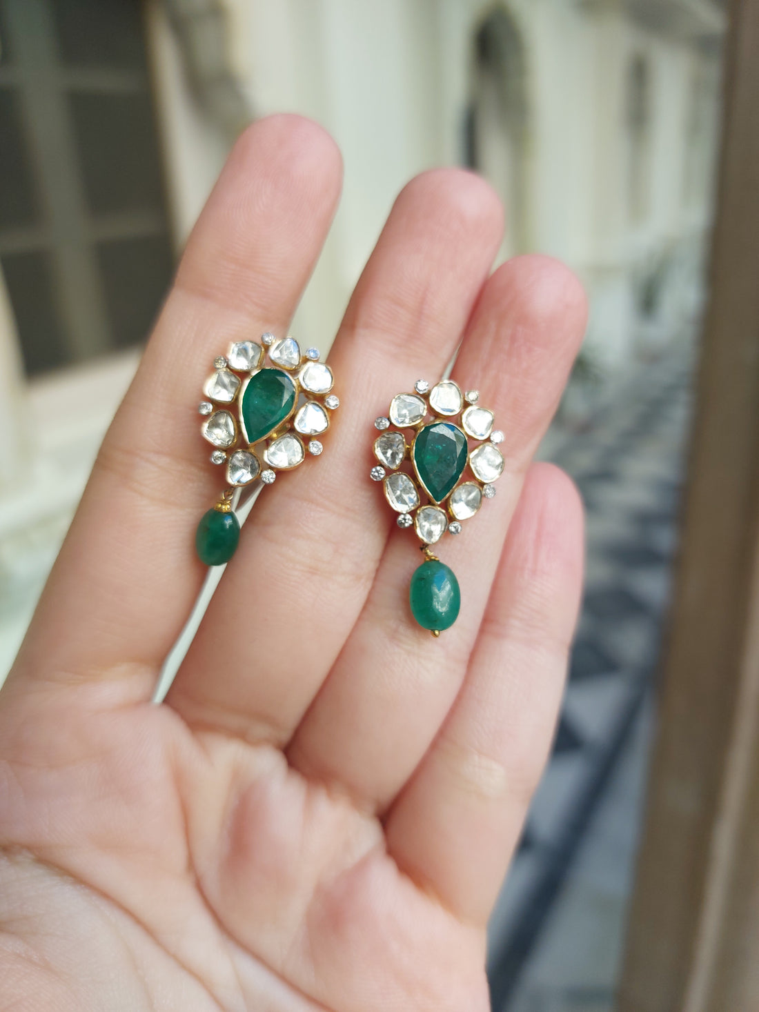 14K gold polki earrings pear-shaped green stones with diamonds
