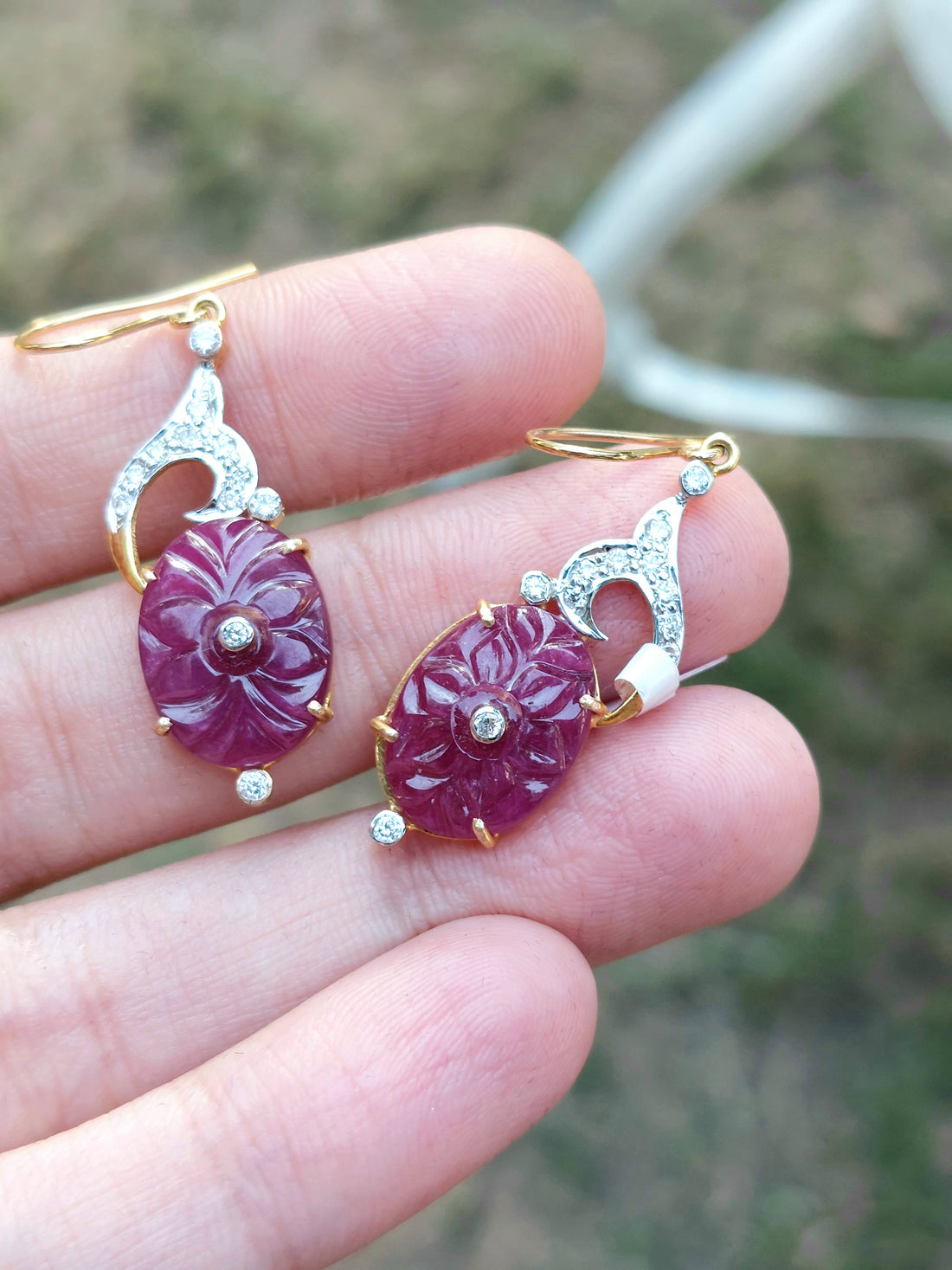 14K gold Rafia Earring with carved gemstone and diamond accents