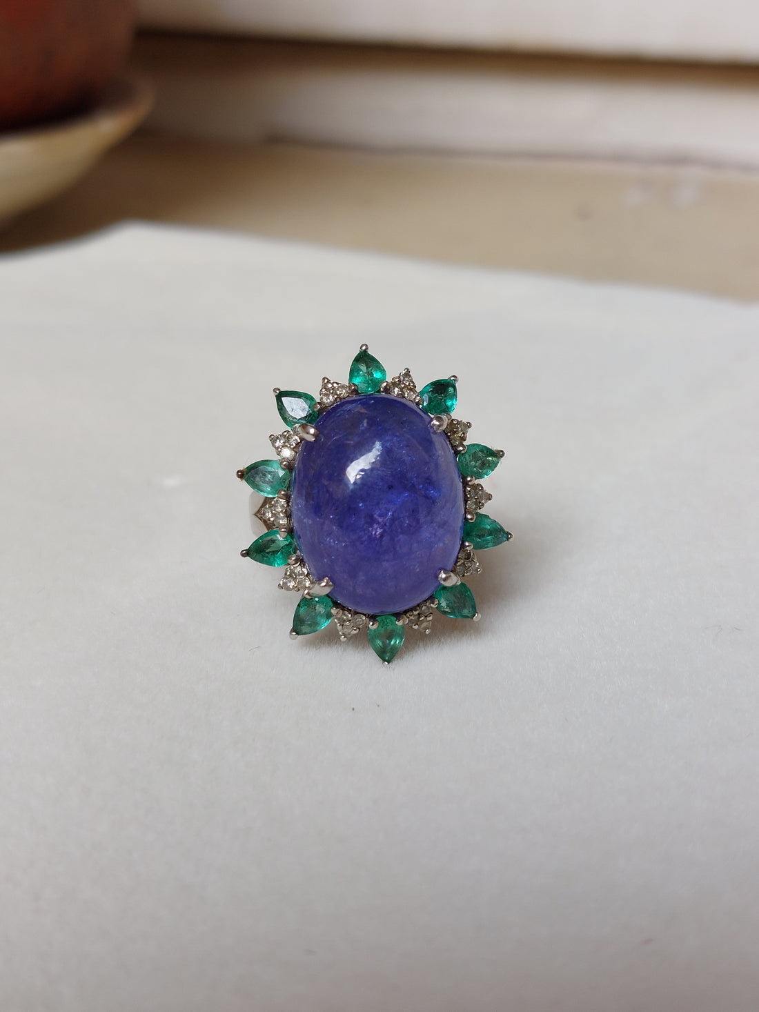 925 silver tanzanite ring with emerald and clear stones