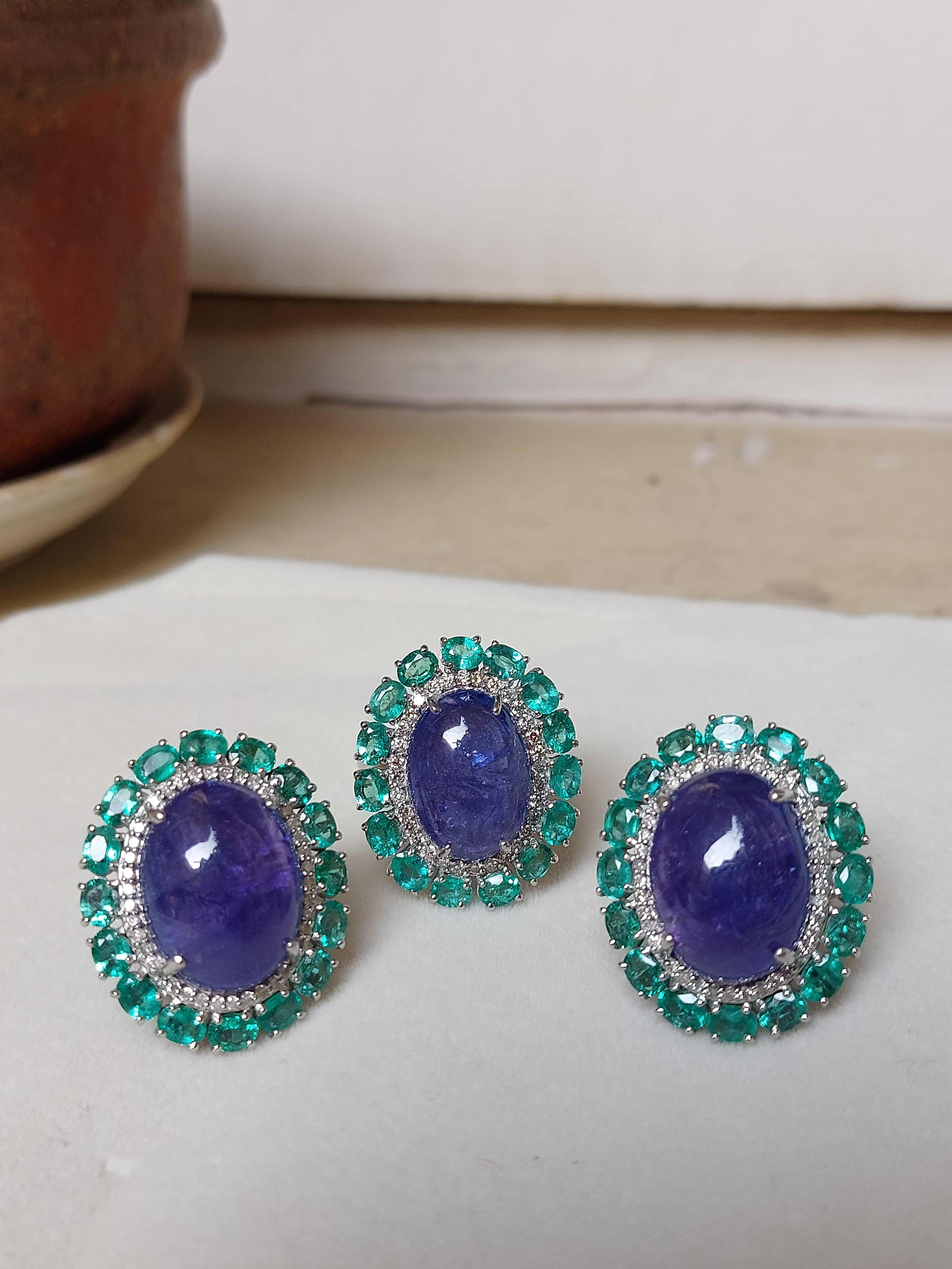 925 silver oval purple gemstone earrings with green accents