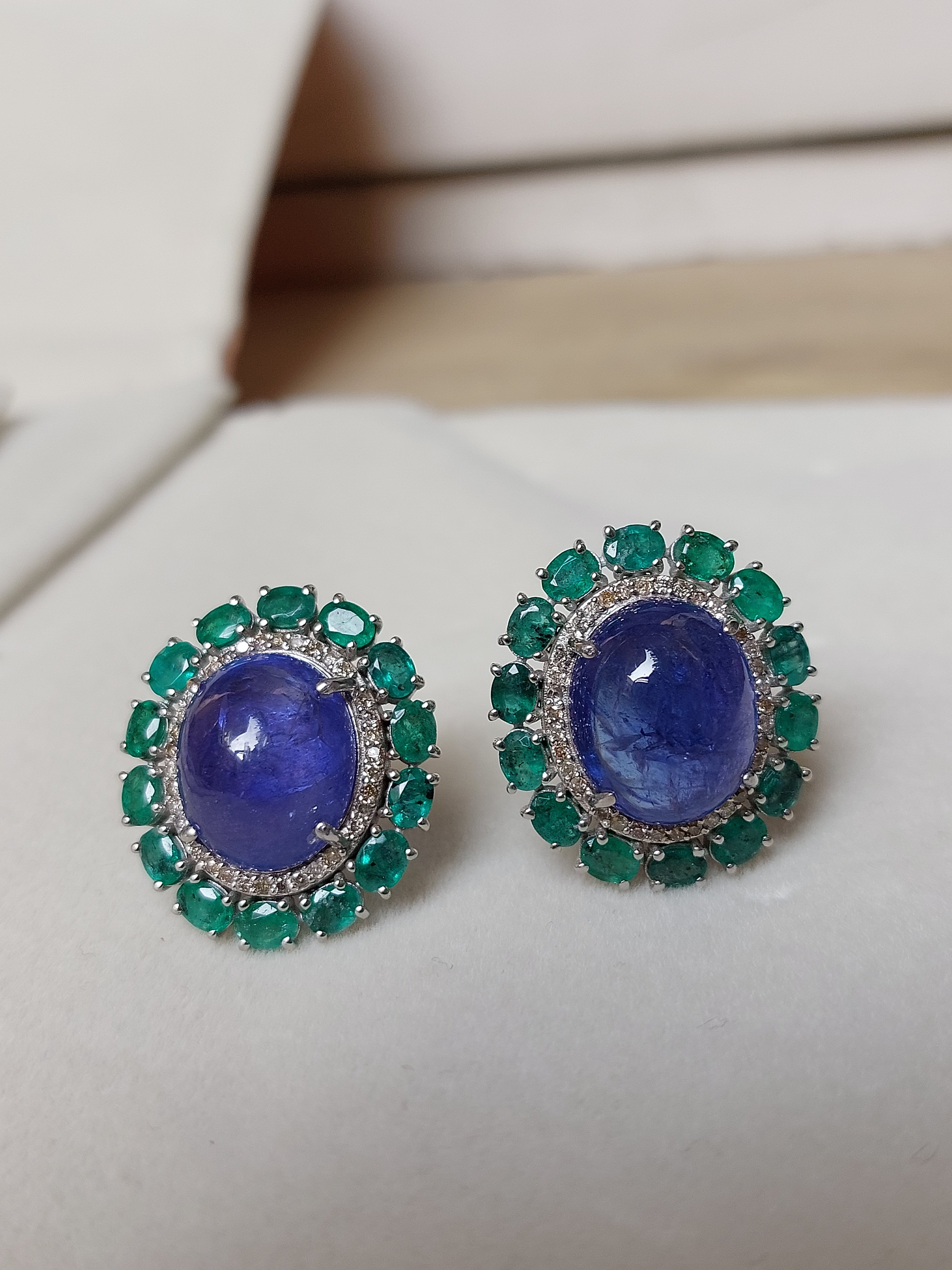925 silver stud earrings oval sapphire with emerald and diamonds