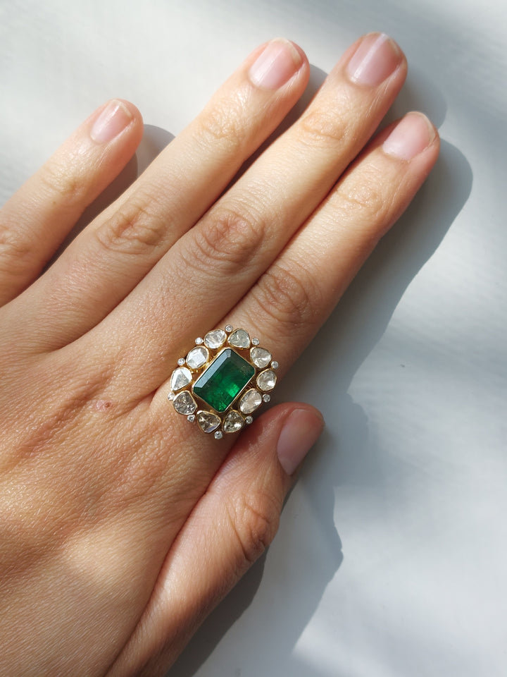 14K gold Sultana Ring with large square emerald and diamonds
