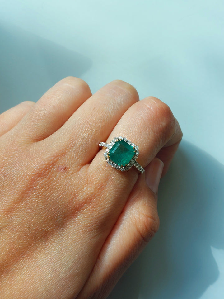 14K gold Emerald Arezu Ring square emerald with diamonds