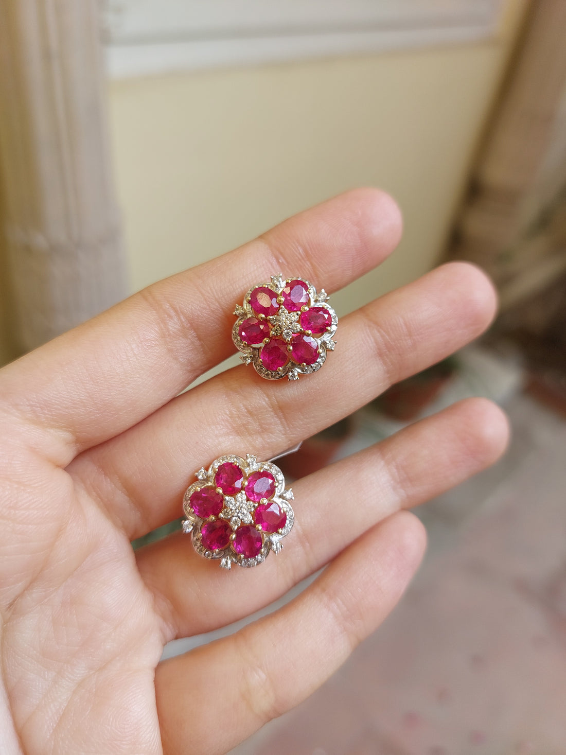 14K gold floral earrings deep red ruby clusters