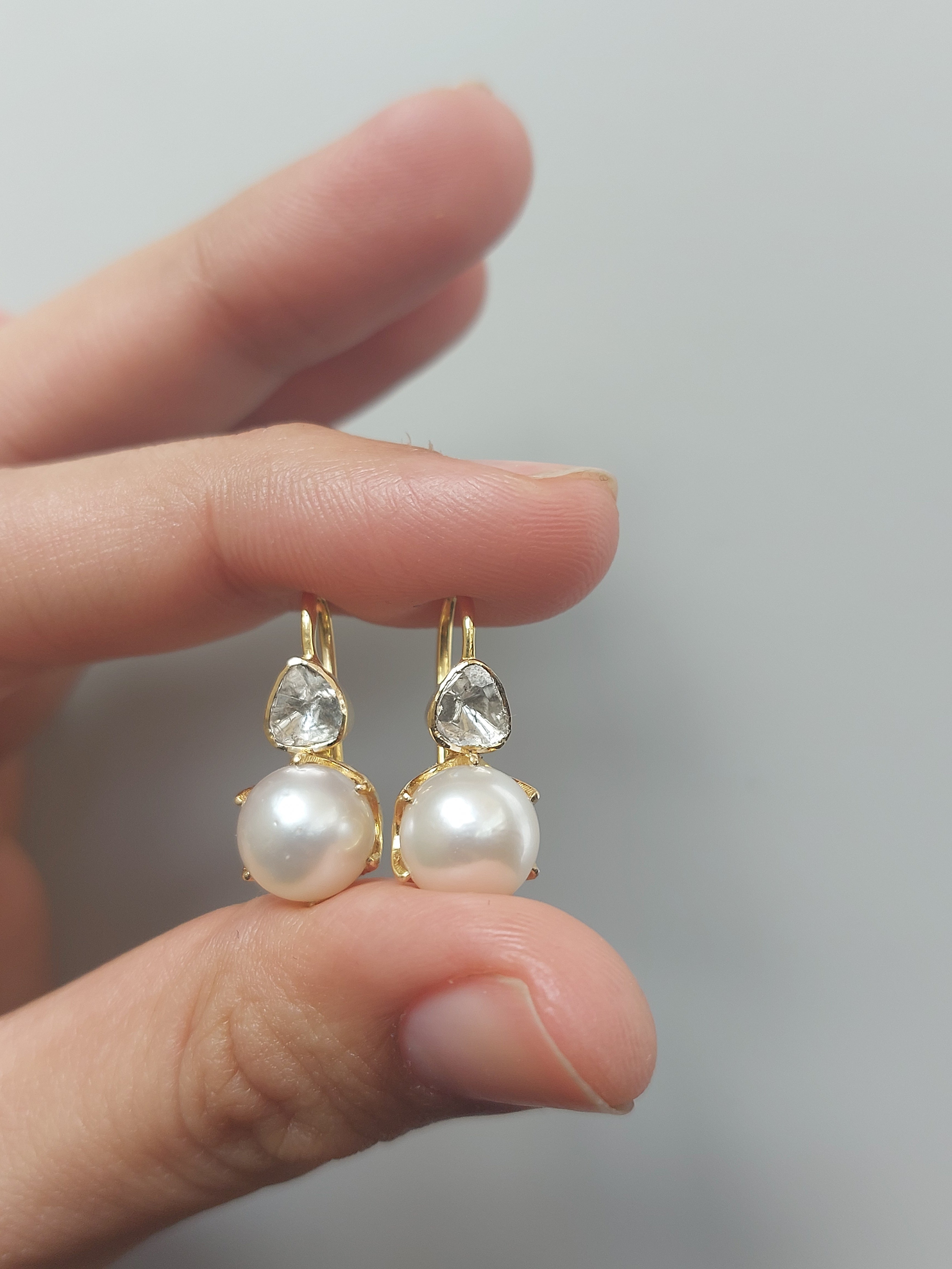 14K gold earrings with teardrop polki diamonds and pearls